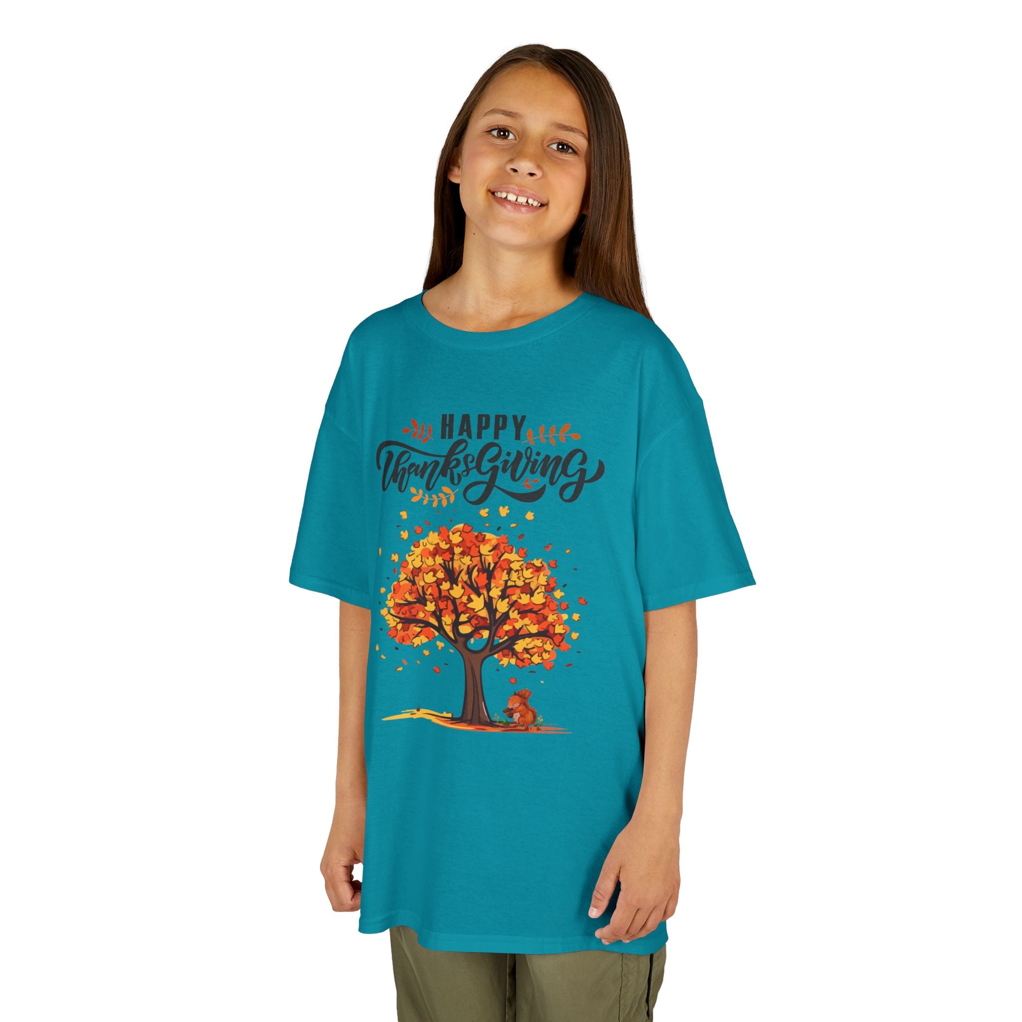 Happy Thanksgiving Kids Tee, Fall T-Shirt, Autumn Apparel, Festive Gift, Holiday Outfit, Tree and Leaves Design
