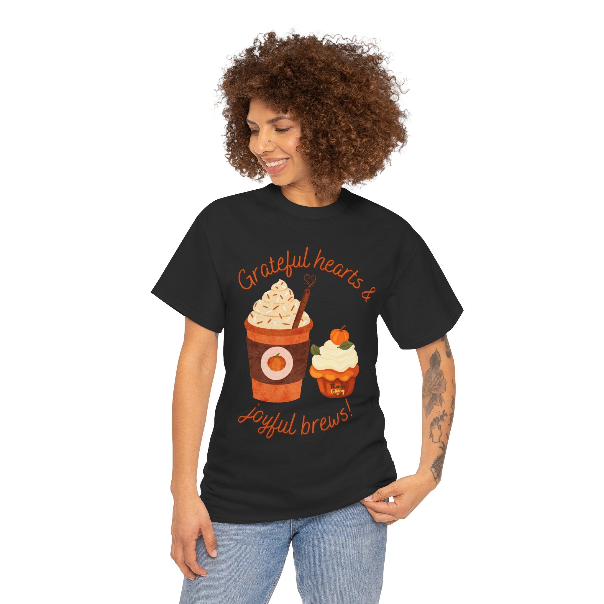 Happy Thanksgiving- Grateful Hearts & Joyful Brews Tee, Unisex Cotton Shirt, Coffee Lovers Gift, Casual Wear, Cute Tee for Celebrations, Fall Fashion