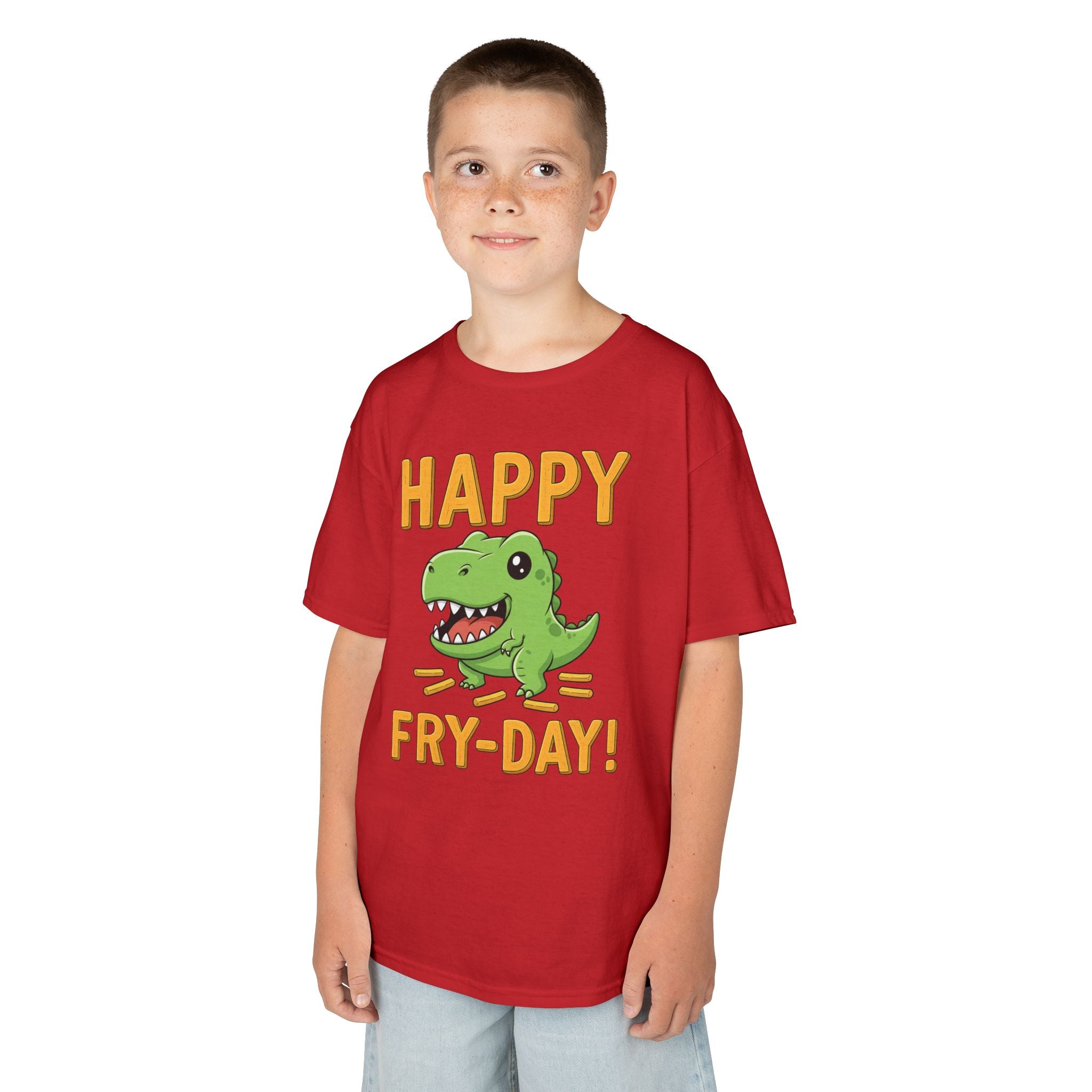 Happy Fry-Day Kids Tee, Fun Dinosaur T-Shirt, Kids Cotton Shirt, Birthday Gift, Everyday Wear, Summer Fun, Playful Tee
