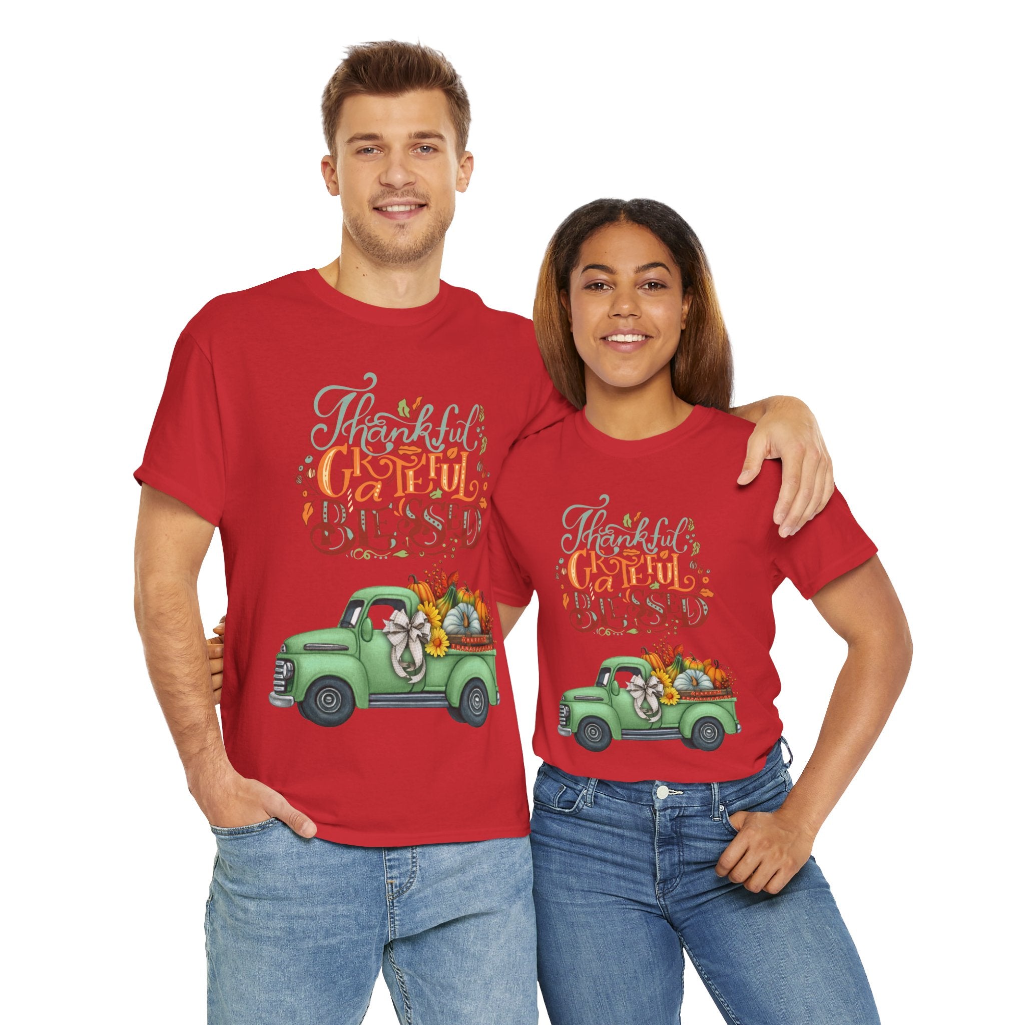 Thankful Grateful Blessed Tee, Unisex Heavy Cotton T-Shirt, Fall Apparel, Thanksgiving Shirt, Casual Wear, Gift for Friends