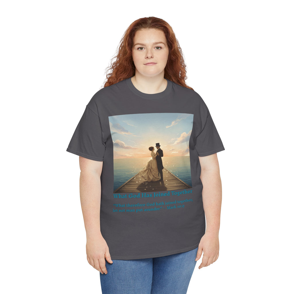 Romantic couple on a pier at sunset — inspired by Jack Vettriano-Wedding Quote T-Shirt, Unisex Heavy Cotton Tee, Casual Wear, Gift for Newlyweds, Bride & Groom Apparel, Anniversary Gift