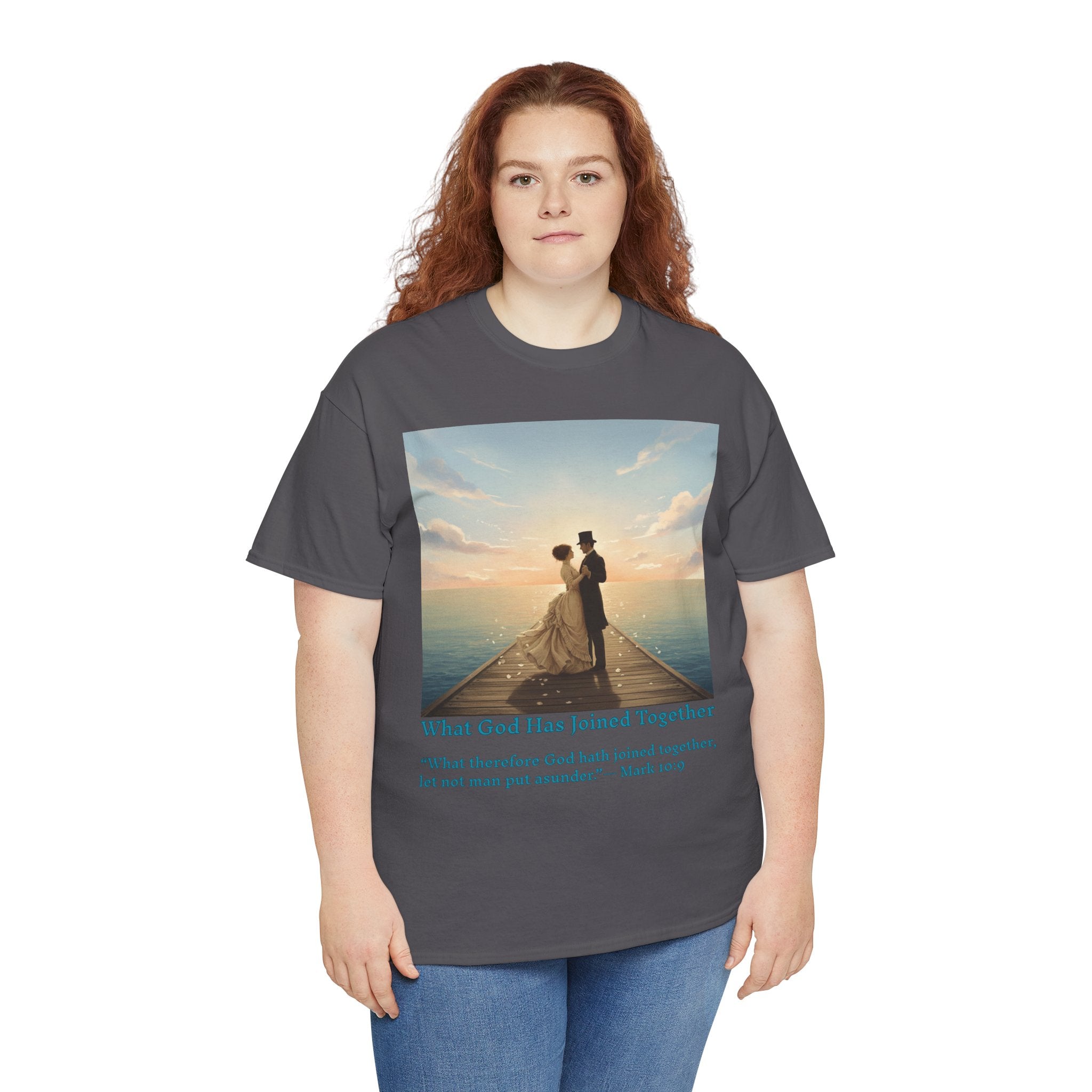 Romantic couple on a pier at sunset — inspired by Jack Vettriano-Wedding Quote T-Shirt, Unisex Heavy Cotton Tee, Casual Wear, Gift for Newlyweds, Bride & Groom Apparel, Anniversary Gift