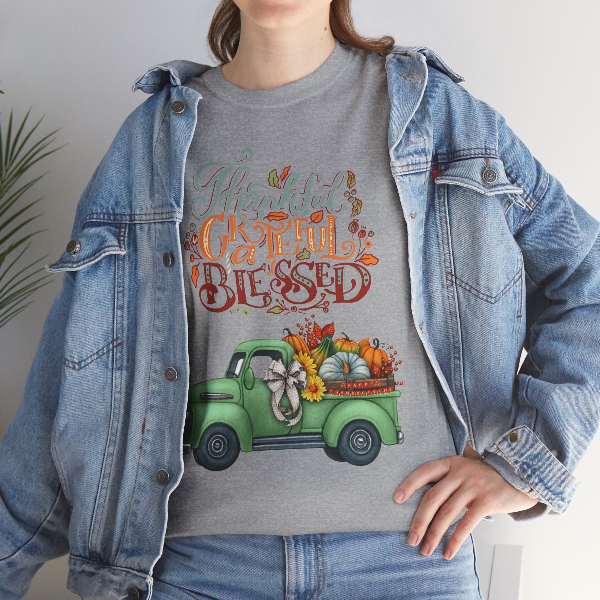 Thankful Grateful Blessed Tee, Unisex Heavy Cotton T-Shirt, Fall Apparel, Thanksgiving Shirt, Casual Wear, Gift for Friends