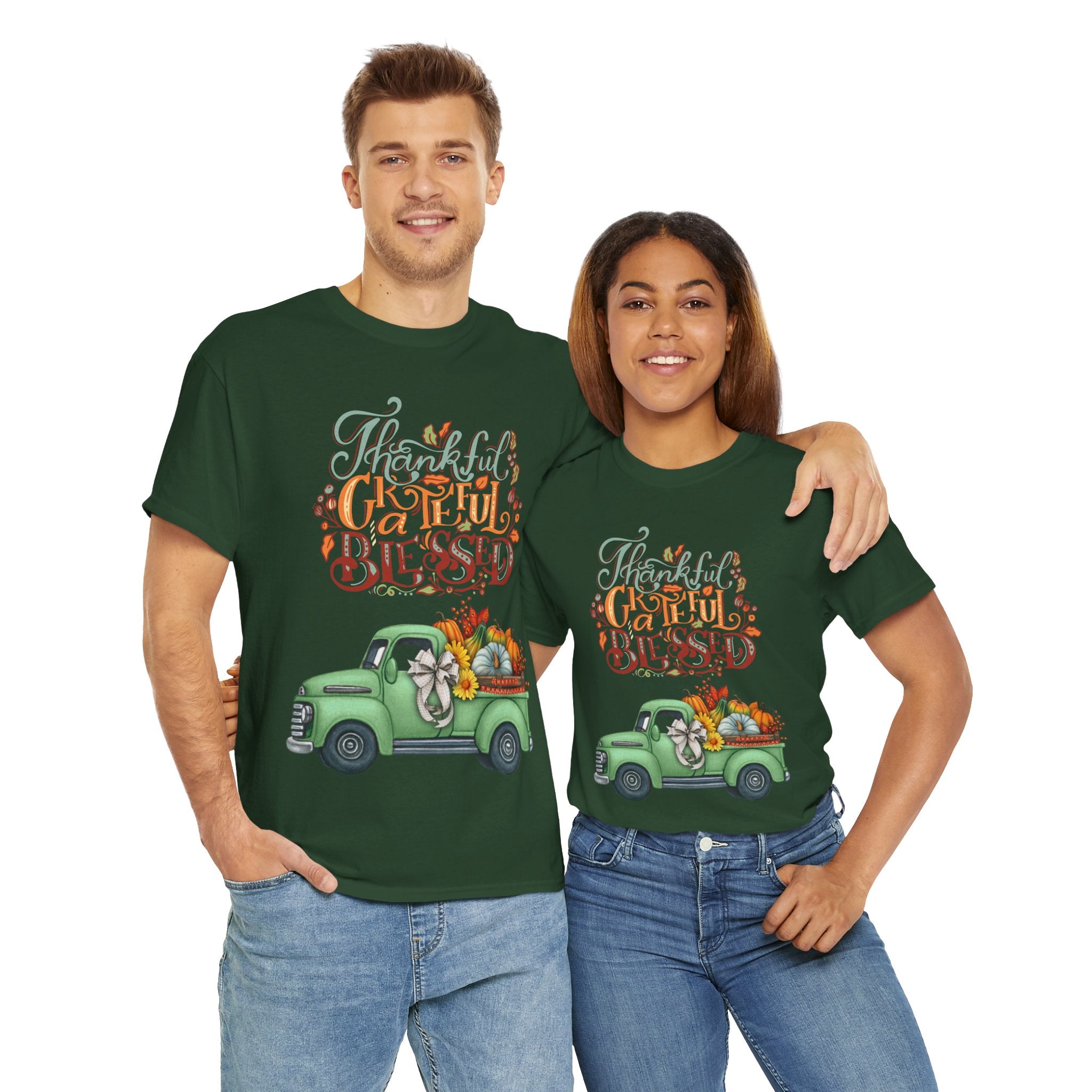 Thankful Grateful Blessed Tee, Unisex Heavy Cotton T-Shirt, Fall Apparel, Thanksgiving Shirt, Casual Wear, Gift for Friends