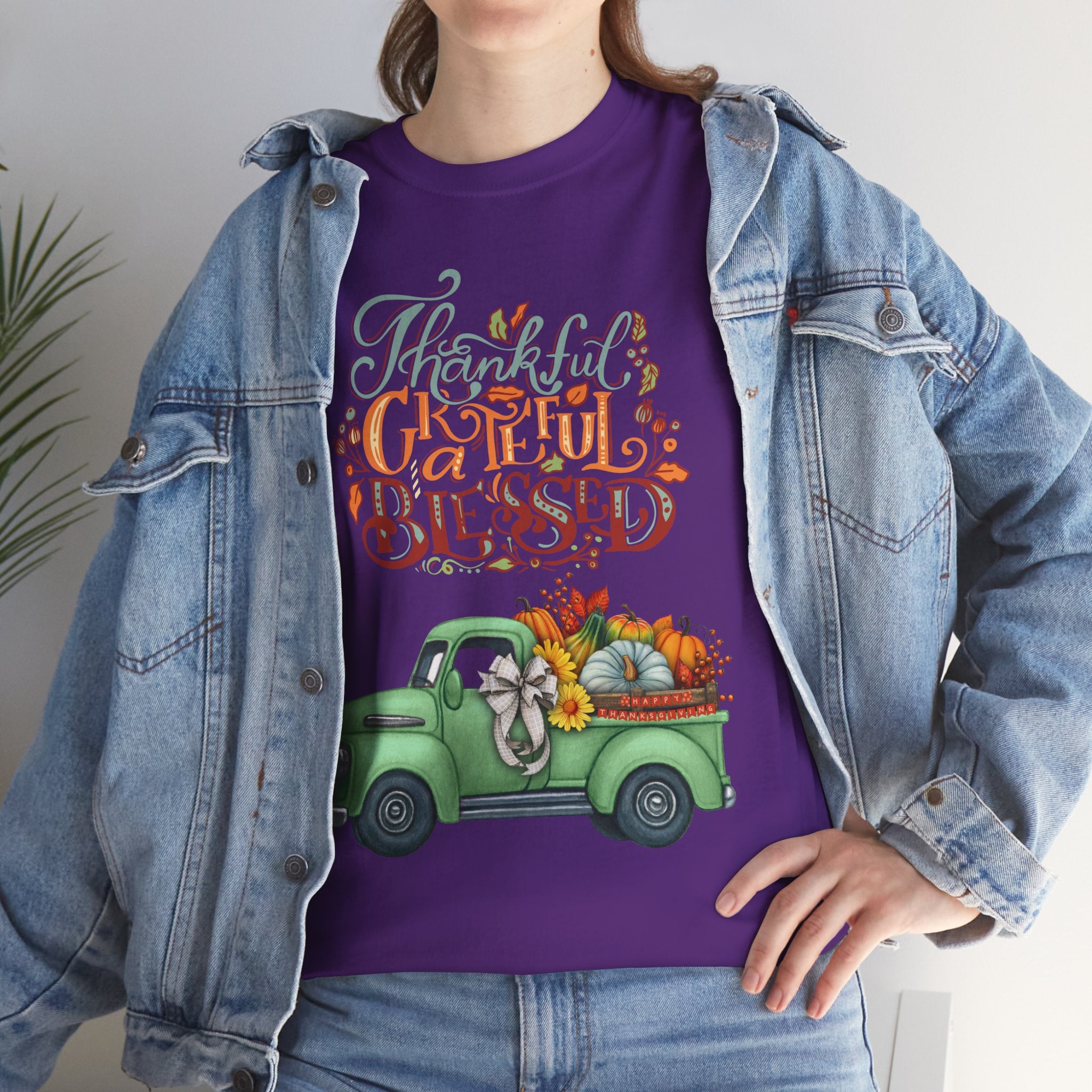 Thankful Grateful Blessed Tee, Unisex Heavy Cotton T-Shirt, Fall Apparel, Thanksgiving Shirt, Casual Wear, Gift for Friends