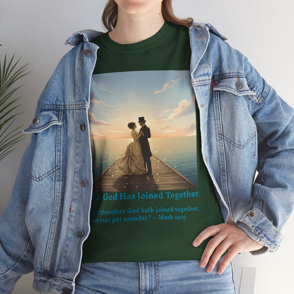 Romantic couple on a pier at sunset — inspired by Jack Vettriano-Wedding Quote T-Shirt, Unisex Heavy Cotton Tee, Casual Wear, Gift for Newlyweds, Bride & Groom Apparel, Anniversary Gift