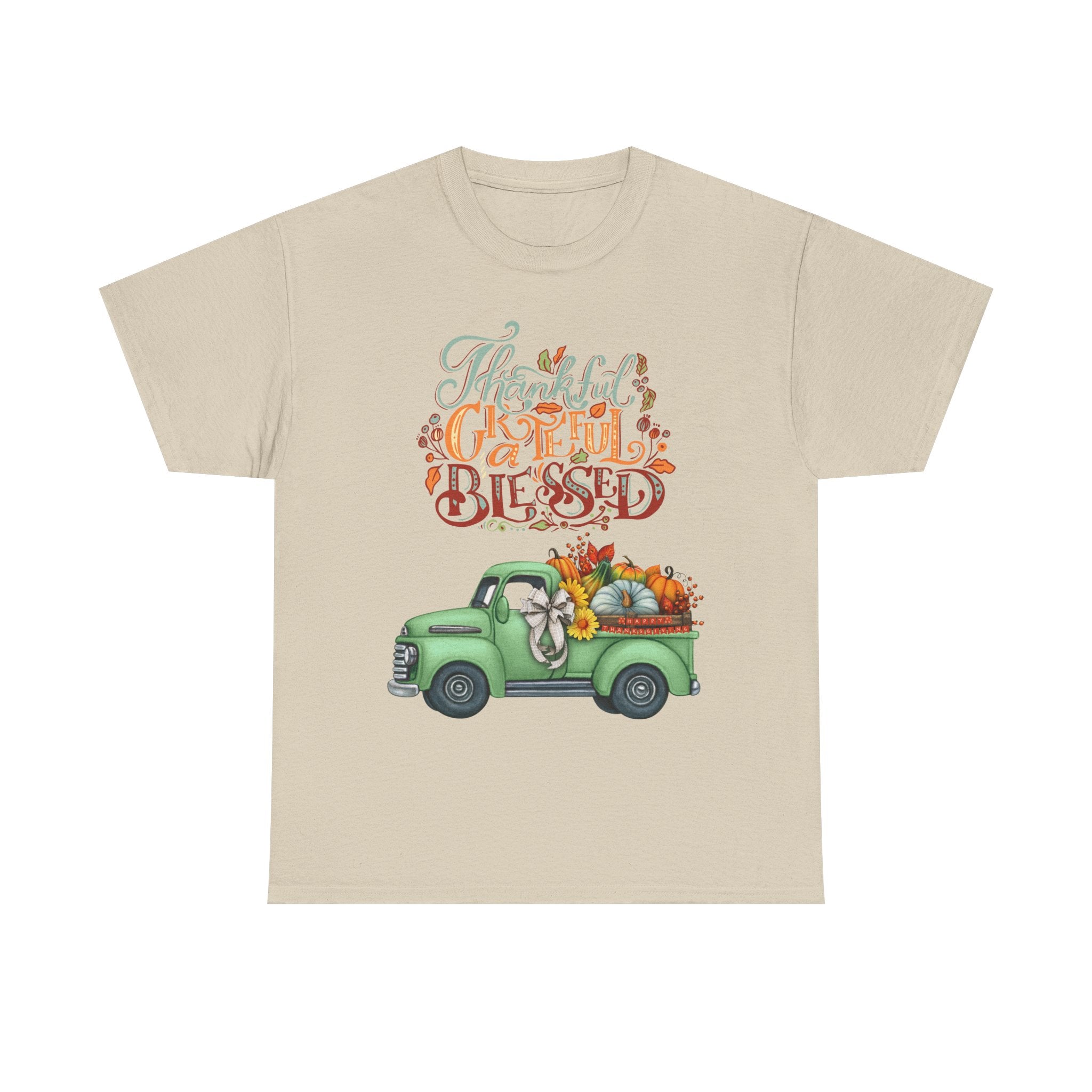Thankful Grateful Blessed Tee, Unisex Heavy Cotton T-Shirt, Fall Apparel, Thanksgiving Shirt, Casual Wear, Gift for Friends