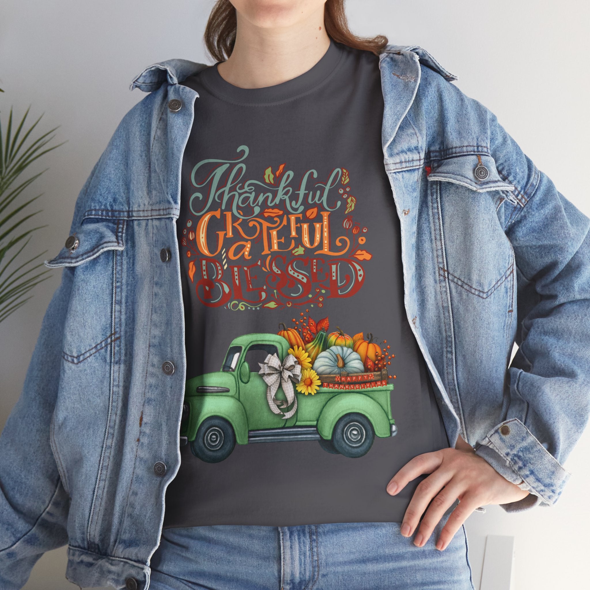 Thankful Grateful Blessed Tee, Unisex Heavy Cotton T-Shirt, Fall Apparel, Thanksgiving Shirt, Casual Wear, Gift for Friends