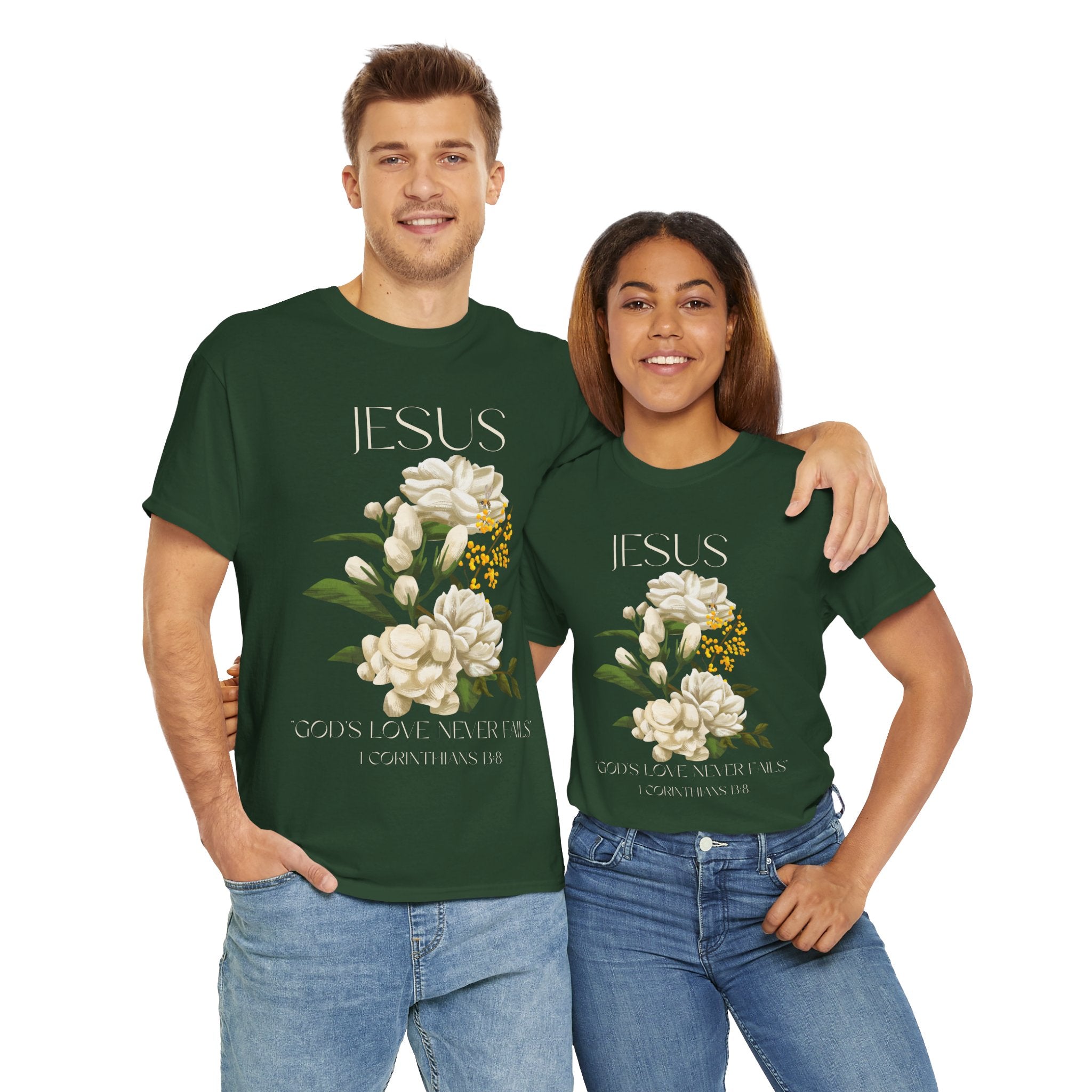 Floral Jesus-God's love never fails- Graphic Tee | Unisex Cotton T-Shirt for Faith & Inspiration, Ideal for Gifts, Casual Wear, Church Events, and Celebrations