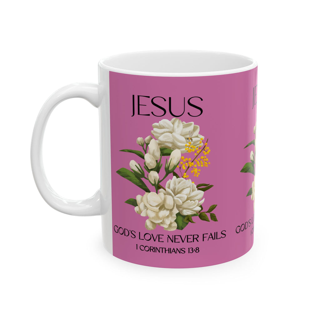 Jesus Inspirational Ceramic Mug 11 oz - God's Love Never Fails - Perfect for Every Occasion, Coffee Lovers Gift, Christian Encouragement, Floral