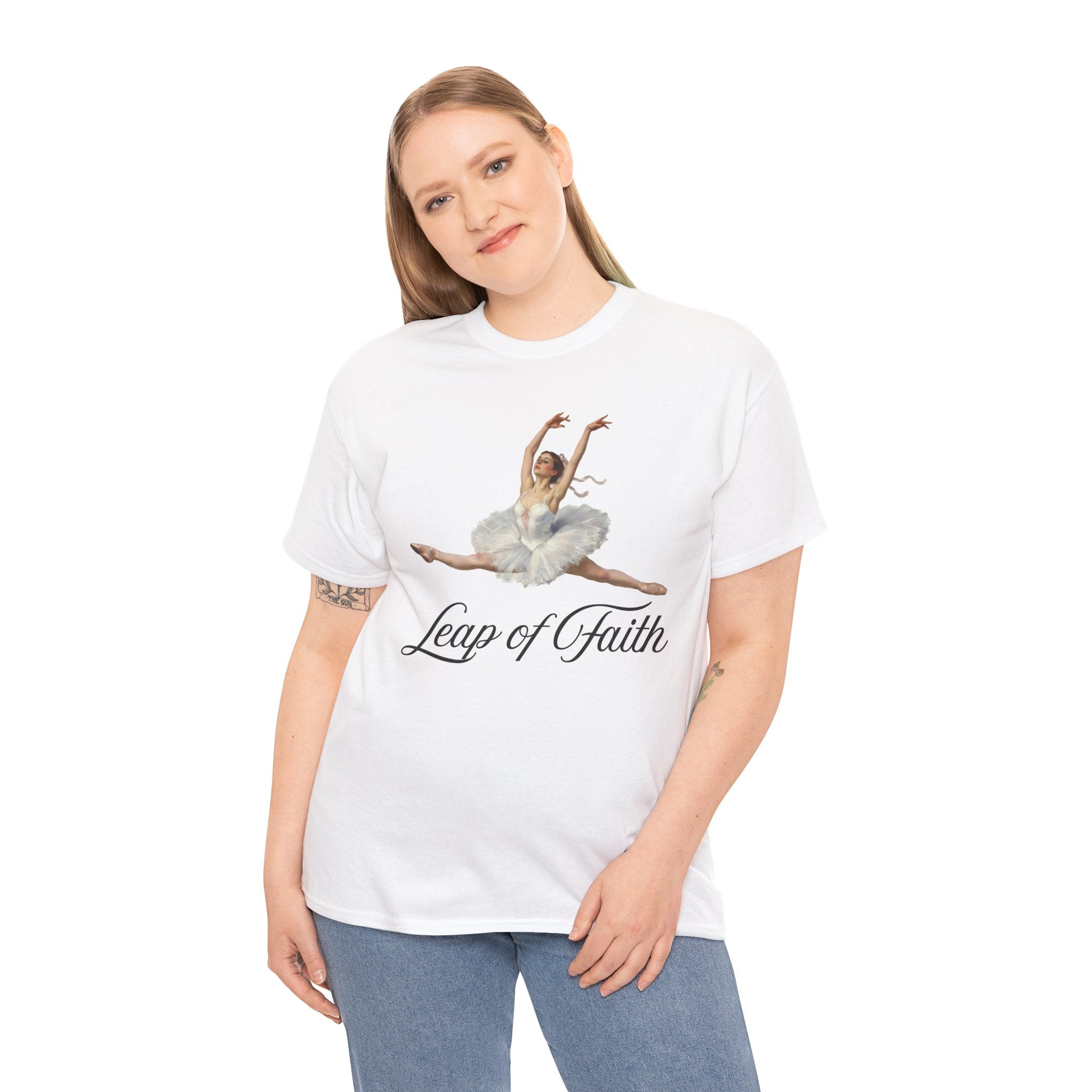 Ballet Inspired Tee - Leap of Faith, Dance Gift, Unisex Cotton Shirt, Inspirational Apparel, Performance Wear, Gift for Dancers-Ballerina in a split leap, inspired by the impressionistic ballet studies of Edgar Degas.