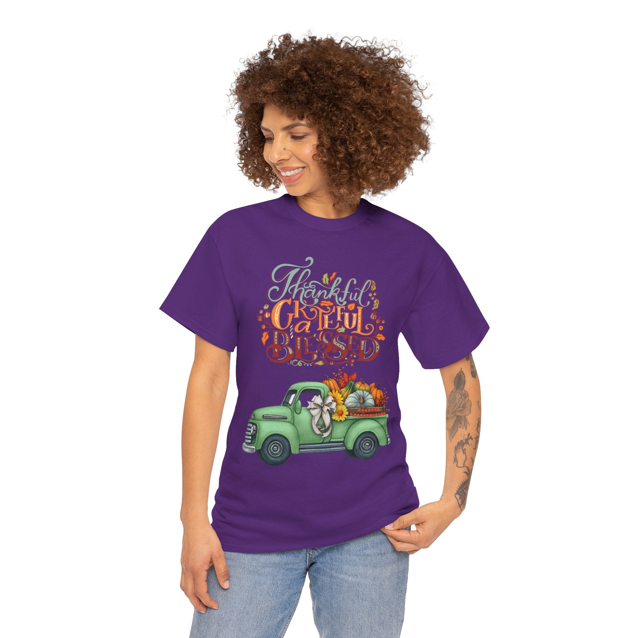 Thankful Grateful Blessed Tee, Unisex Heavy Cotton T-Shirt, Fall Apparel, Thanksgiving Shirt, Casual Wear, Gift for Friends