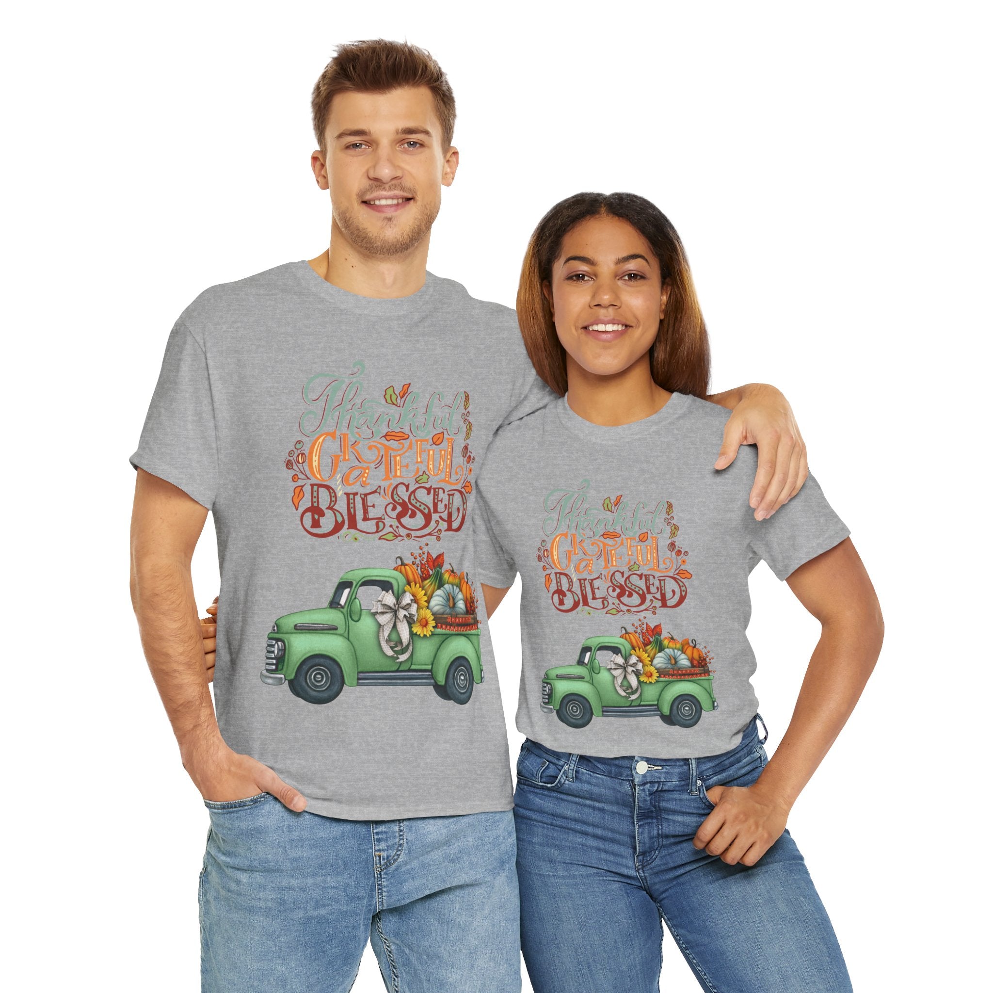 Thankful Grateful Blessed Tee, Unisex Heavy Cotton T-Shirt, Fall Apparel, Thanksgiving Shirt, Casual Wear, Gift for Friends