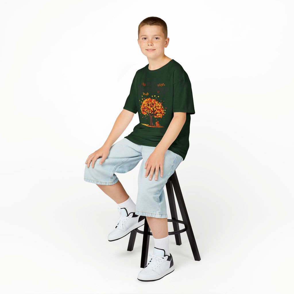Happy Thanksgiving Kids Tee, Fall T-Shirt, Autumn Apparel, Festive Gift, Holiday Outfit, Tree and Leaves Design
