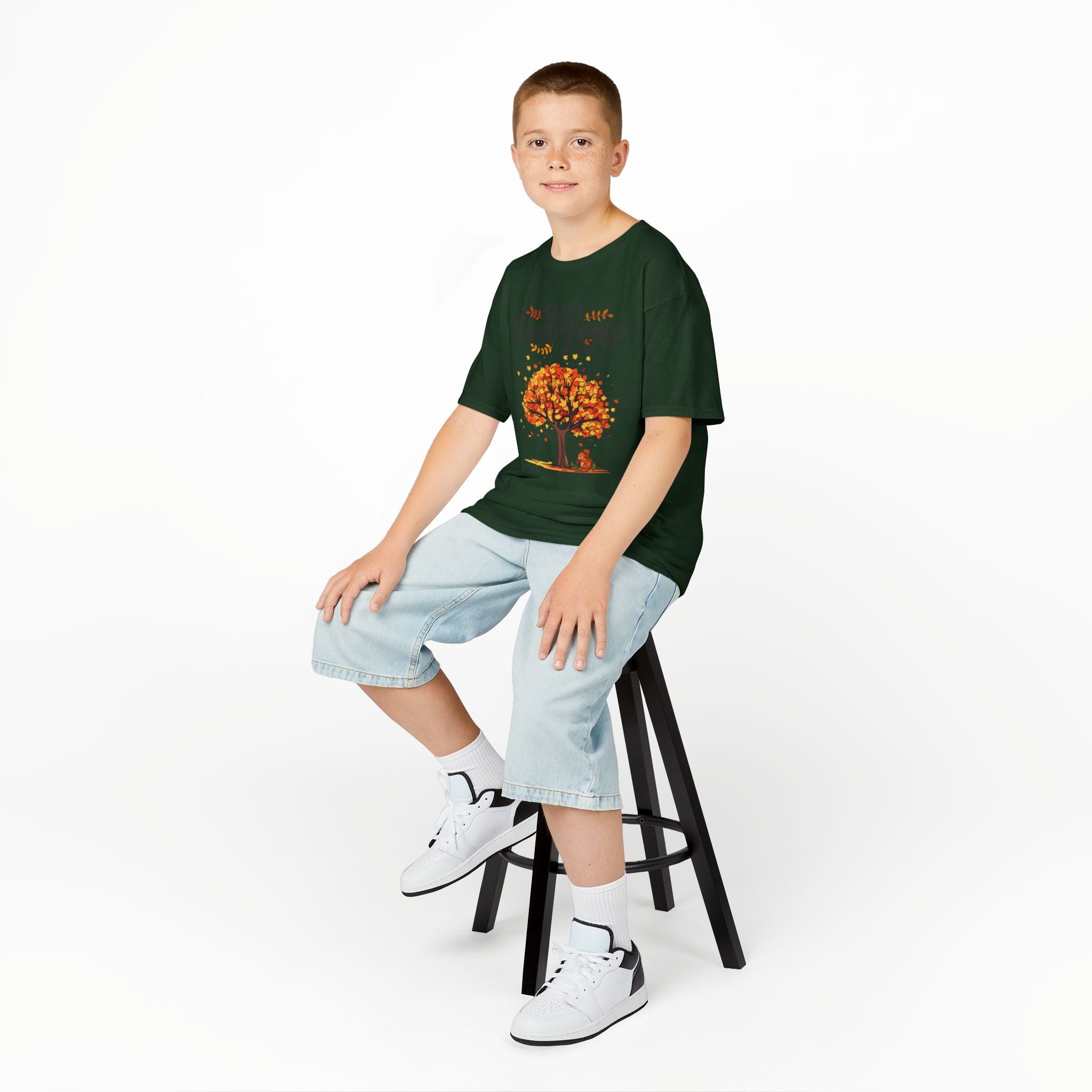 Happy Thanksgiving Kids Tee, Fall T-Shirt, Autumn Apparel, Festive Gift, Holiday Outfit, Tree and Leaves Design