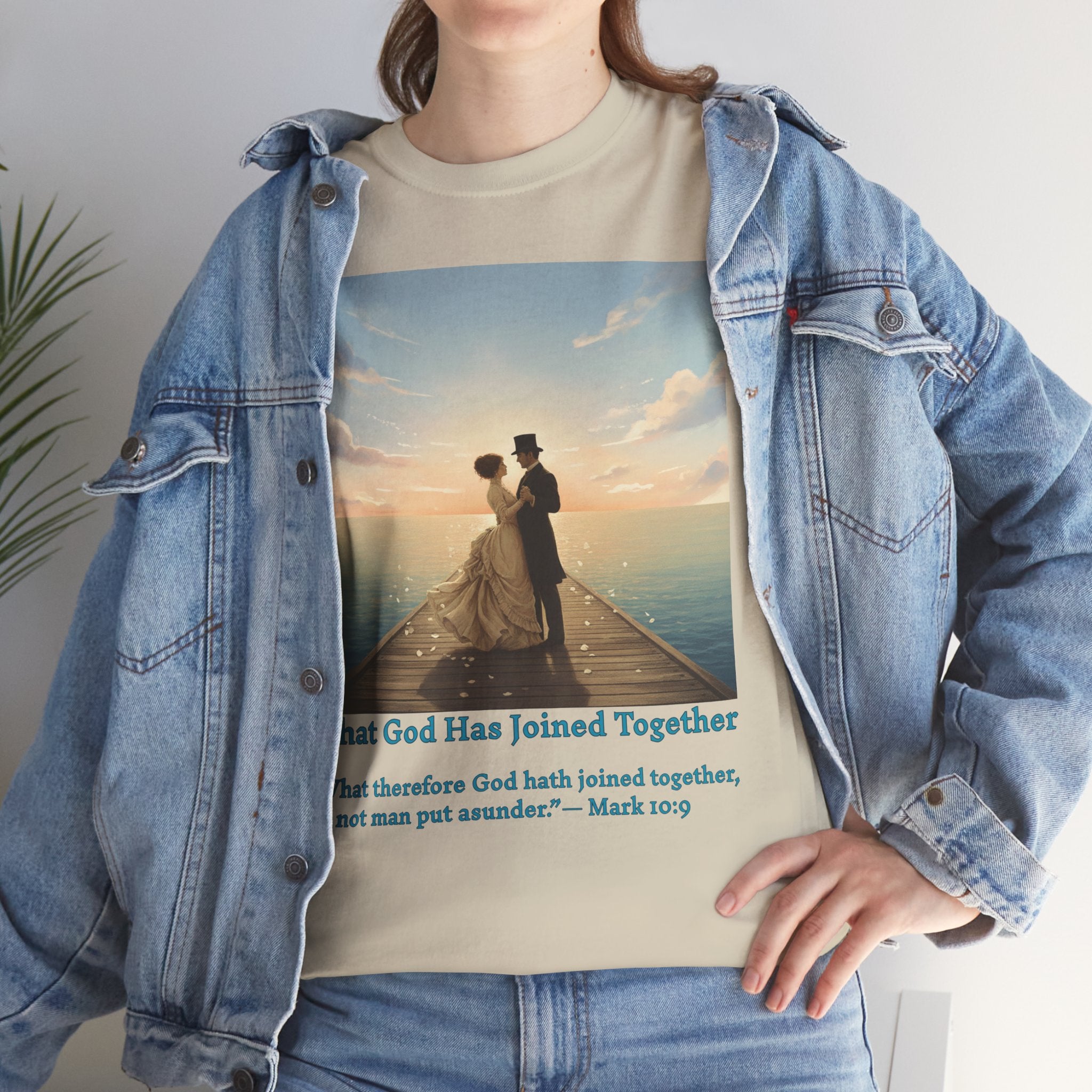 Romantic couple on a pier at sunset — inspired by Jack Vettriano-Wedding Quote T-Shirt, Unisex Heavy Cotton Tee, Casual Wear, Gift for Newlyweds, Bride & Groom Apparel, Anniversary Gift