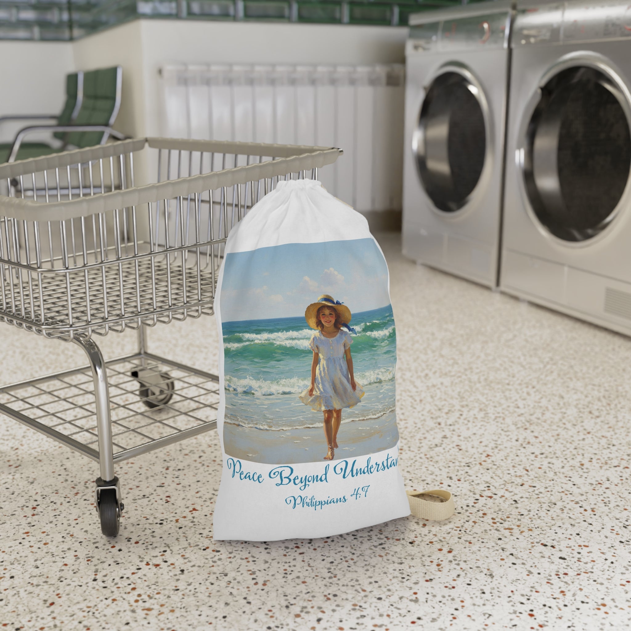 Christians-Philippians 4:7-Peaceful Bible Verse Laundry Bag, Inspirational Storage Bag, Gift for Faith Lovers, Beach Style Accessory, Modern Home OrganizationWith sunlit, painterly details reminiscent of impressionist art, channels tranquil beach vibes