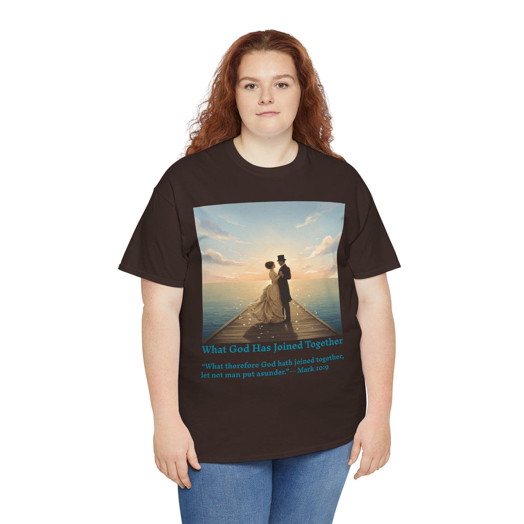 Romantic couple on a pier at sunset — inspired by Jack Vettriano-Wedding Quote T-Shirt, Unisex Heavy Cotton Tee, Casual Wear, Gift for Newlyweds, Bride & Groom Apparel, Anniversary Gift