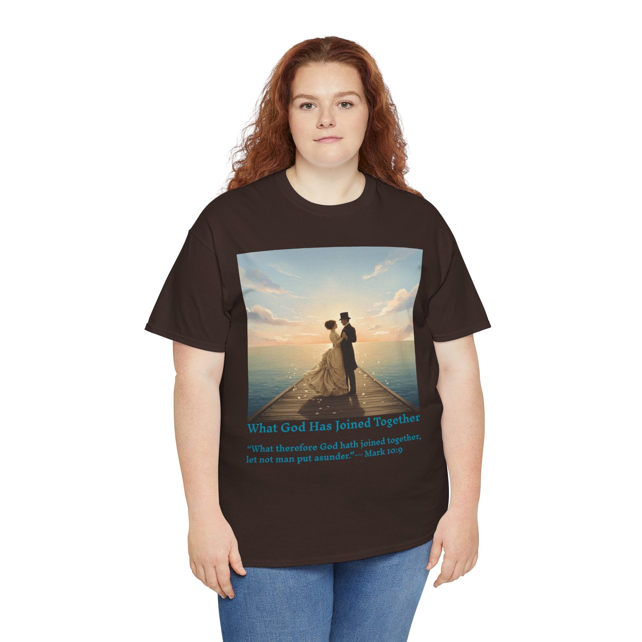 Romantic couple on a pier at sunset — inspired by Jack Vettriano-Wedding Quote T-Shirt, Unisex Heavy Cotton Tee, Casual Wear, Gift for Newlyweds, Bride & Groom Apparel, Anniversary Gift