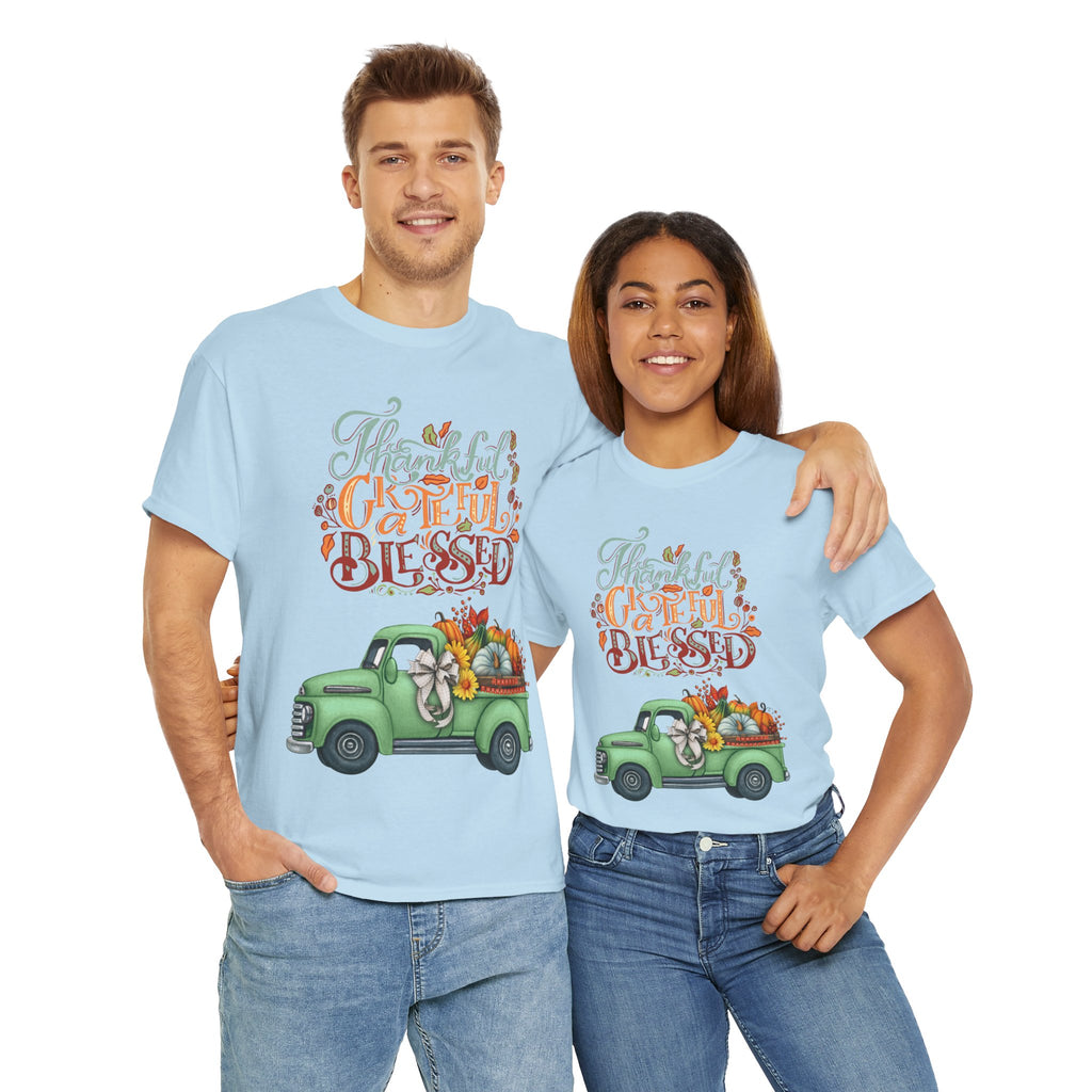Thankful Grateful Blessed Tee, Unisex Heavy Cotton T-Shirt, Fall Apparel, Thanksgiving Shirt, Casual Wear, Gift for Friends