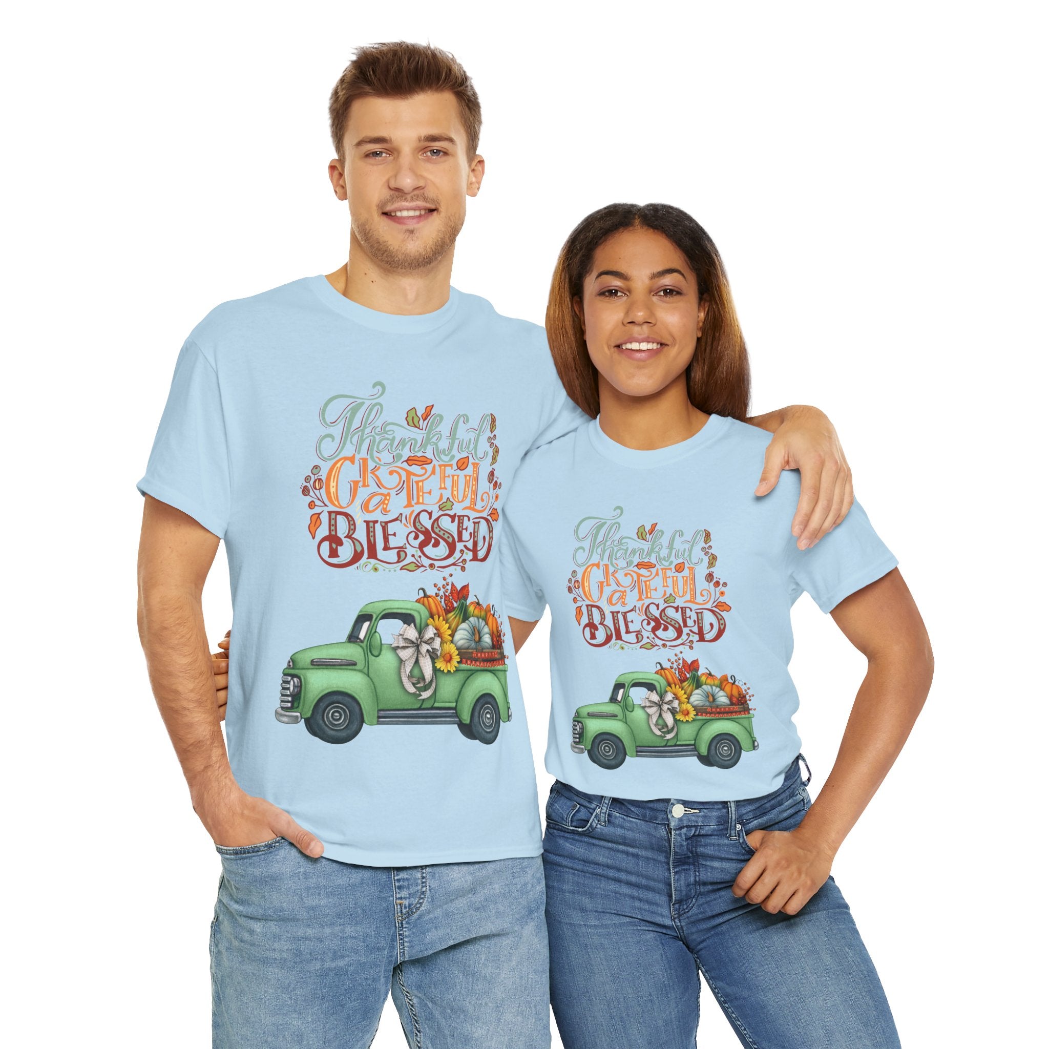 Thankful Grateful Blessed Tee, Unisex Heavy Cotton T-Shirt, Fall Apparel, Thanksgiving Shirt, Casual Wear, Gift for Friends