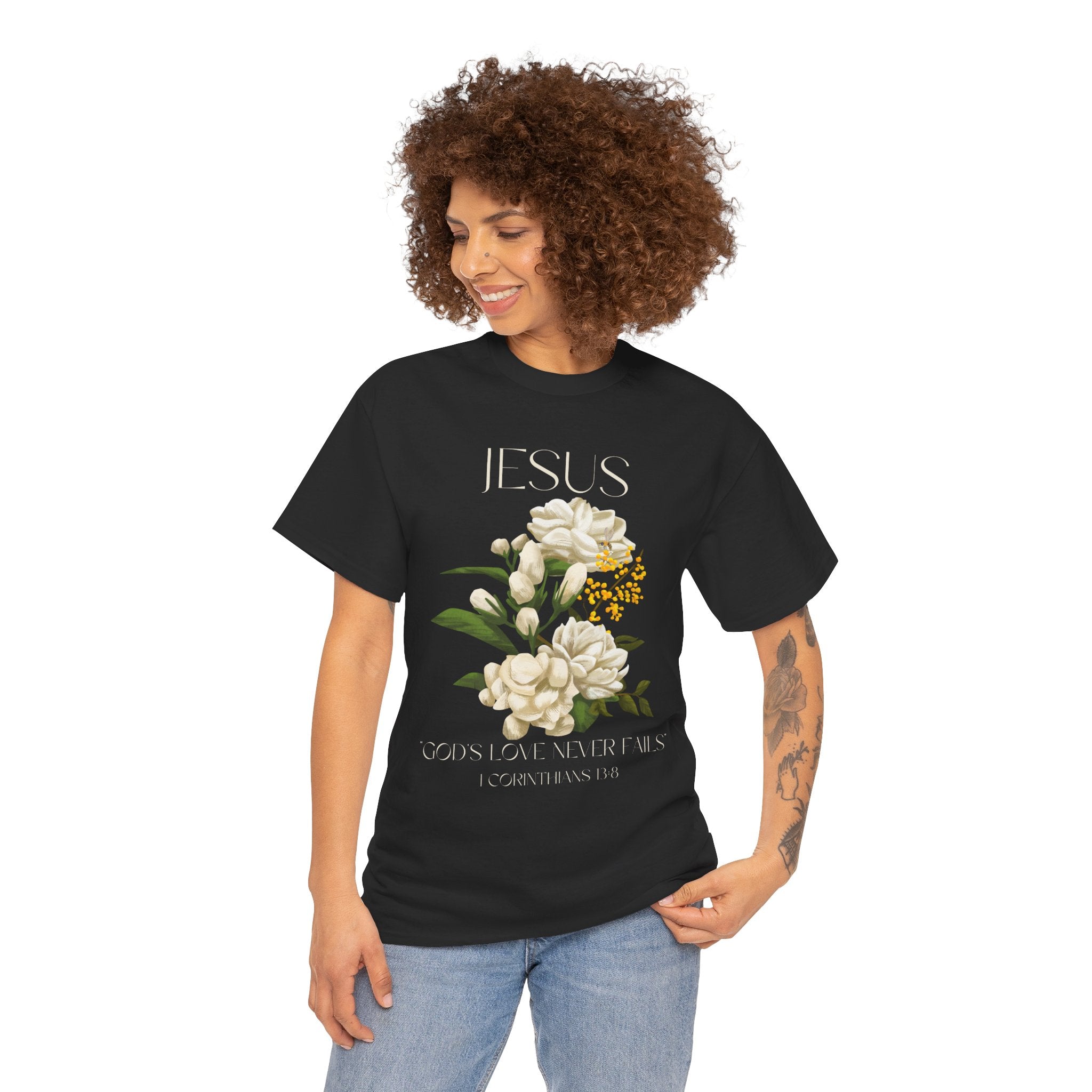 Floral Jesus-God's love never fails- Graphic Tee | Unisex Cotton T-Shirt for Faith & Inspiration, Ideal for Gifts, Casual Wear, Church Events, and Celebrations
