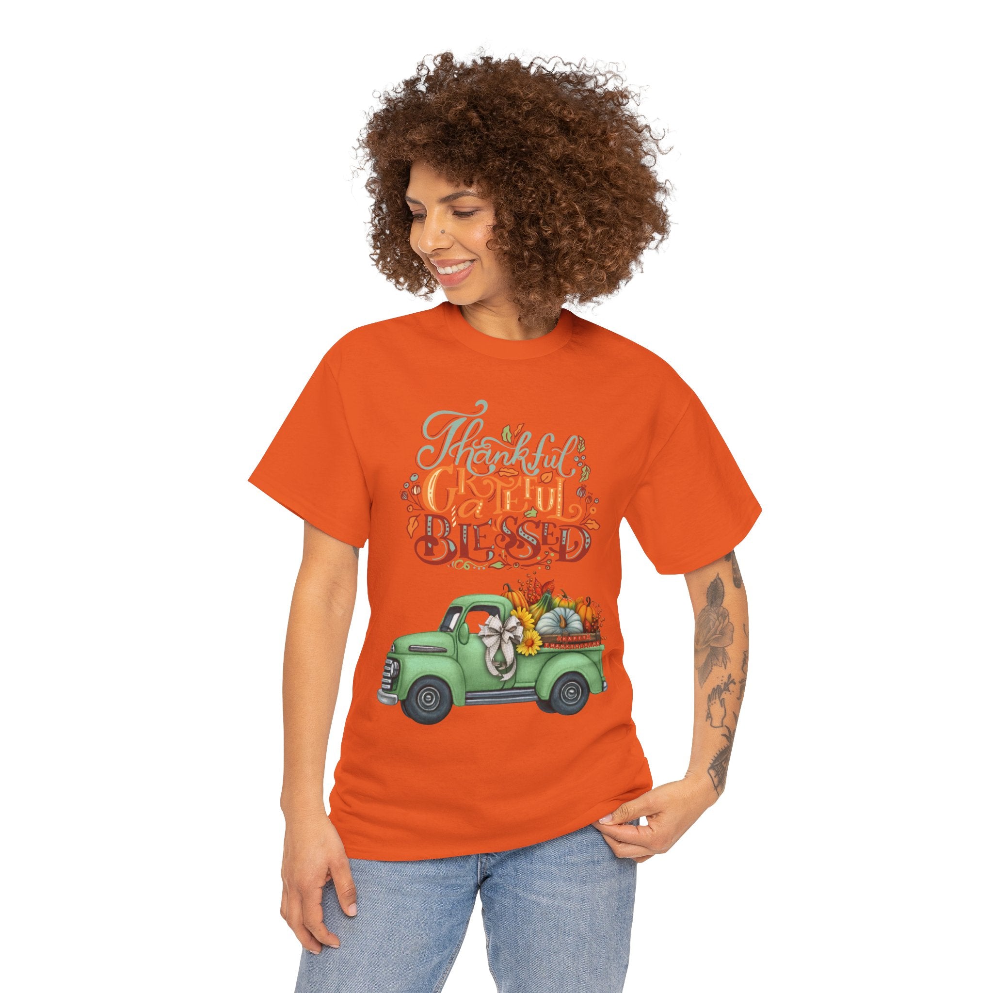 Thankful Grateful Blessed Tee, Unisex Heavy Cotton T-Shirt, Fall Apparel, Thanksgiving Shirt, Casual Wear, Gift for Friends