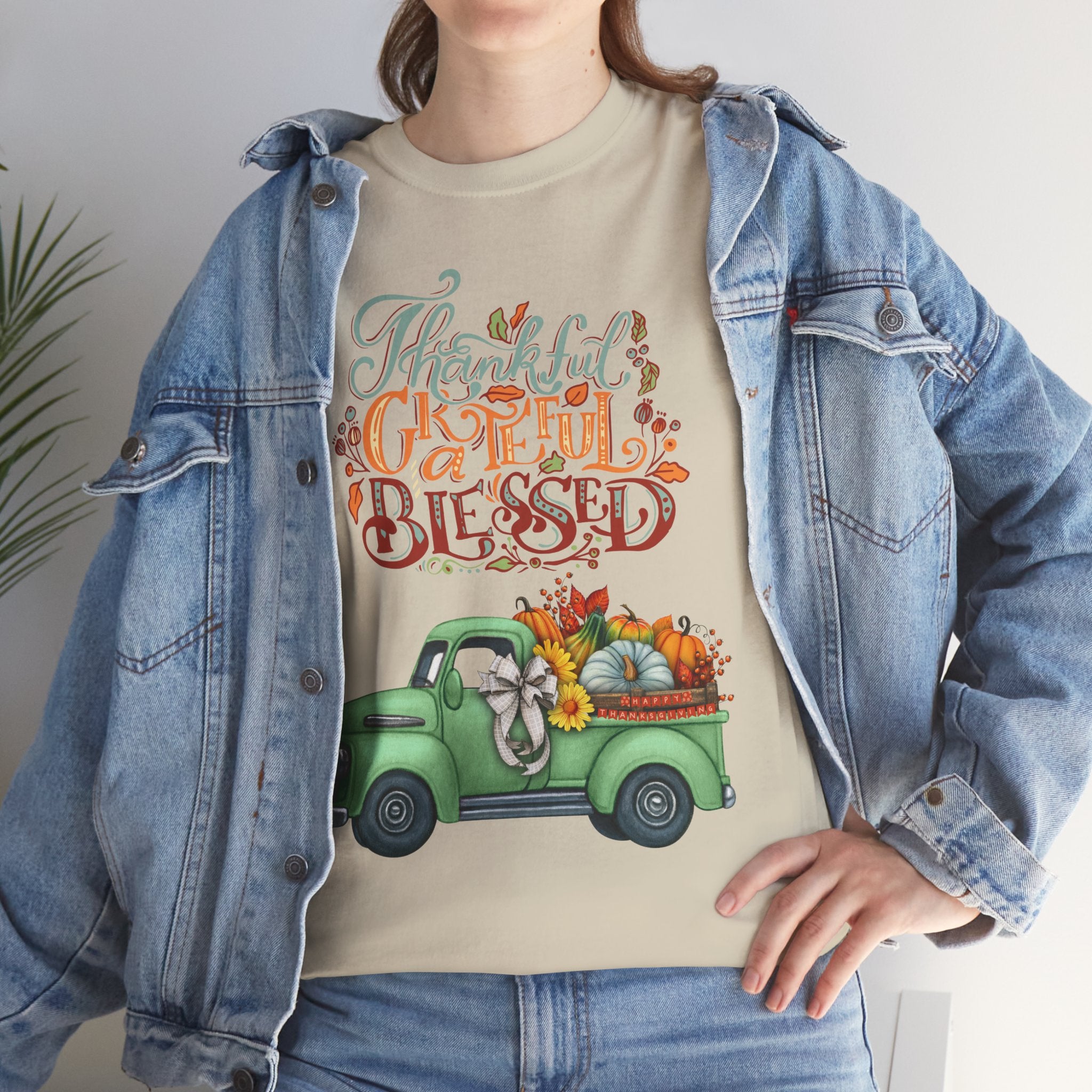 Thankful Grateful Blessed Tee, Unisex Heavy Cotton T-Shirt, Fall Apparel, Thanksgiving Shirt, Casual Wear, Gift for Friends