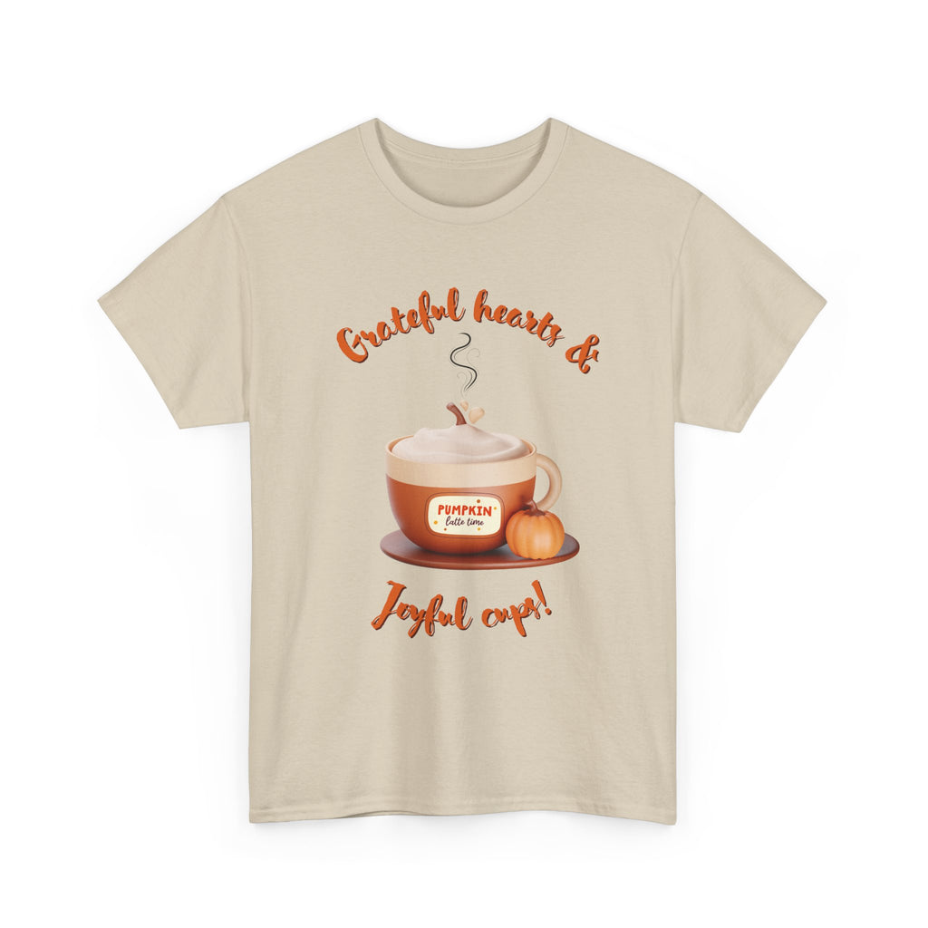 Happy Thanksgiving- Grateful Hearts & Joyful Cups Unisex Tee, Cozy Fall T-Shirt, Thanksgiving Gift, Coffee Lover Apparel, Autumn Fashion