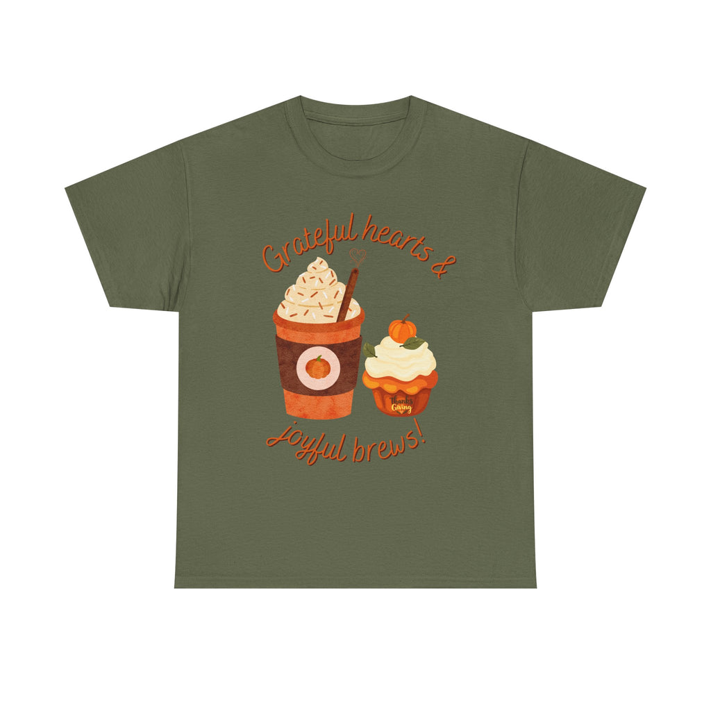 Happy Thanksgiving- Grateful Hearts & Joyful Brews Tee, Unisex Cotton Shirt, Coffee Lovers Gift, Casual Wear, Cute Tee for Celebrations, Fall Fashion