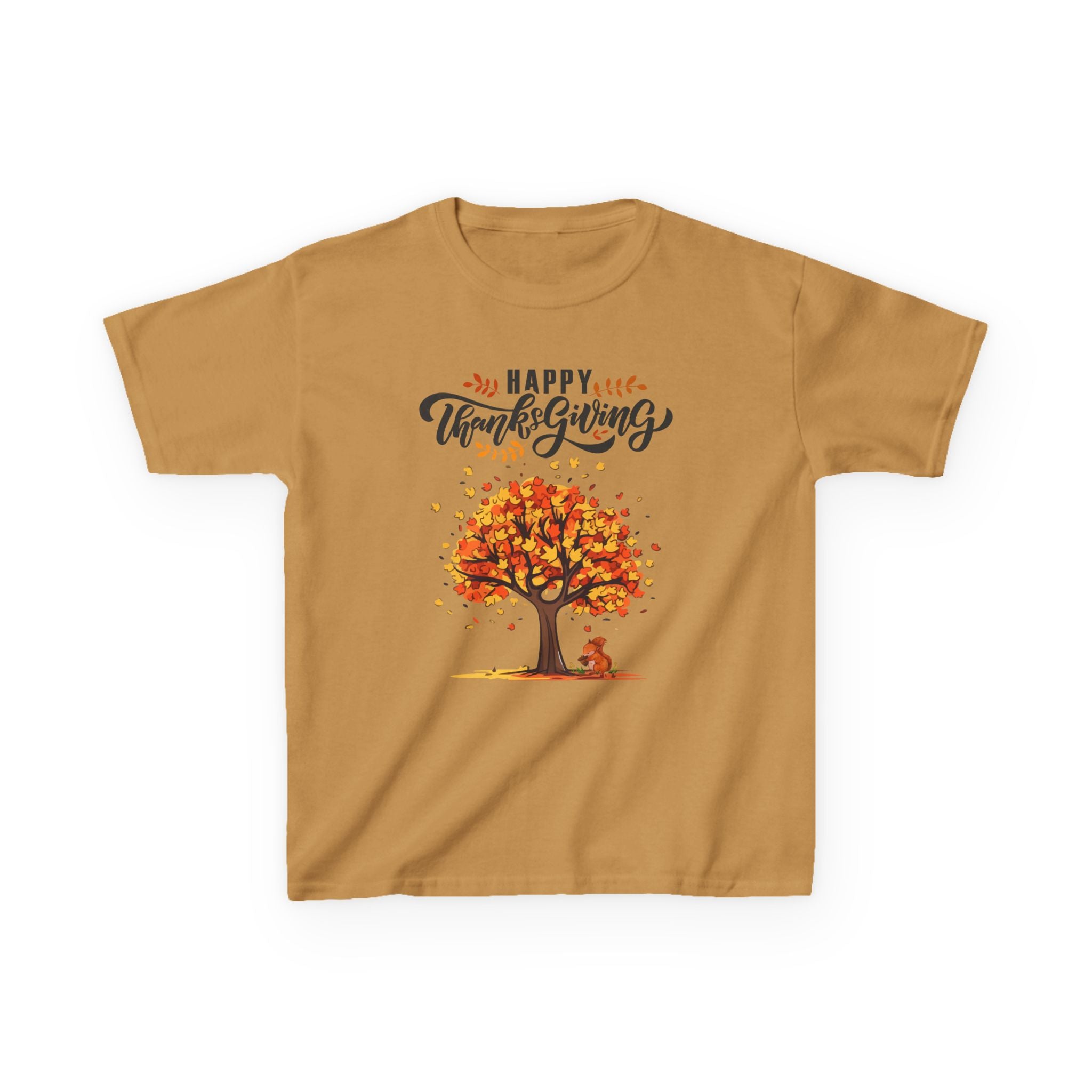 Happy Thanksgiving Kids Tee, Fall T-Shirt, Autumn Apparel, Festive Gift, Holiday Outfit, Tree and Leaves Design