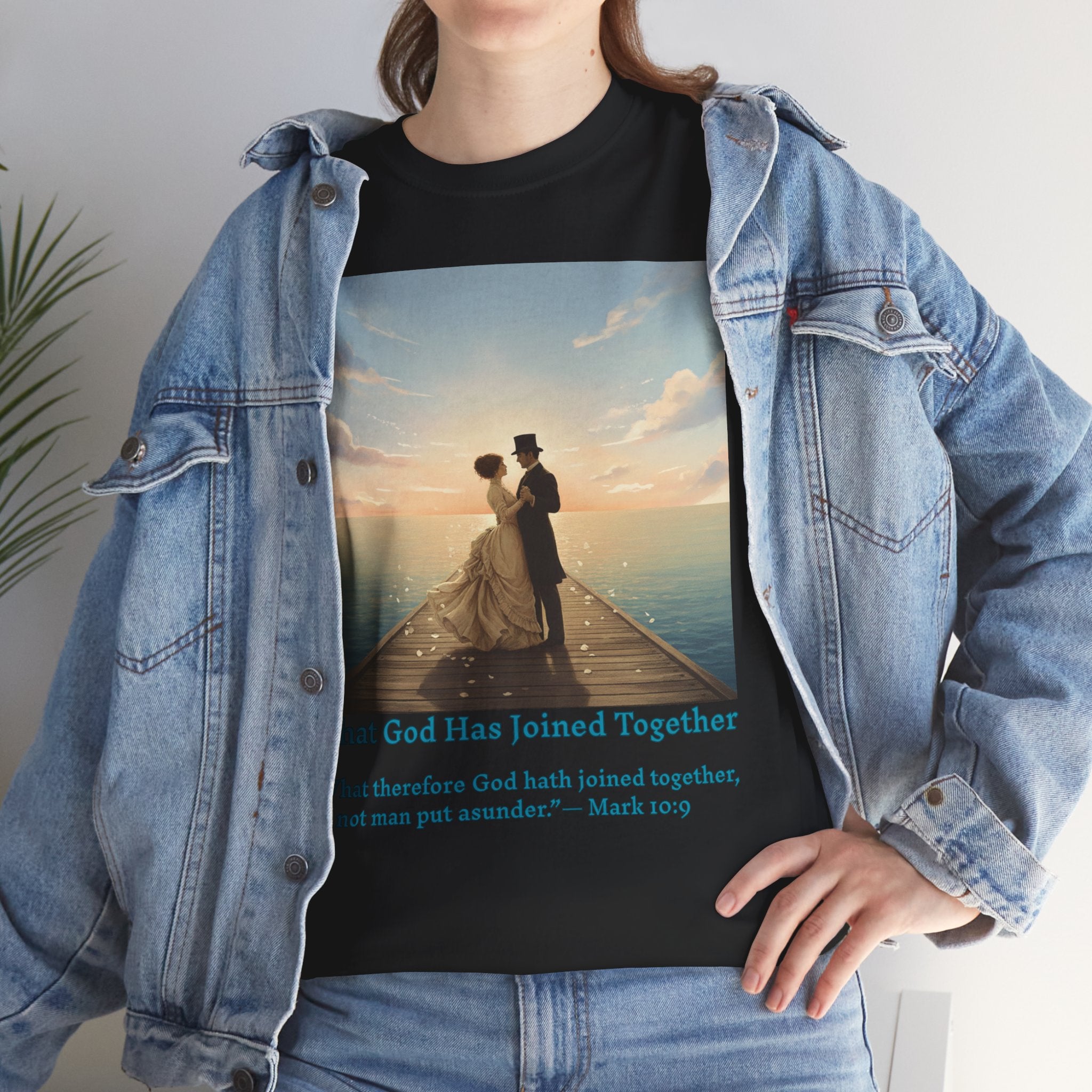 Romantic couple on a pier at sunset — inspired by Jack Vettriano-Wedding Quote T-Shirt, Unisex Heavy Cotton Tee, Casual Wear, Gift for Newlyweds, Bride & Groom Apparel, Anniversary Gift