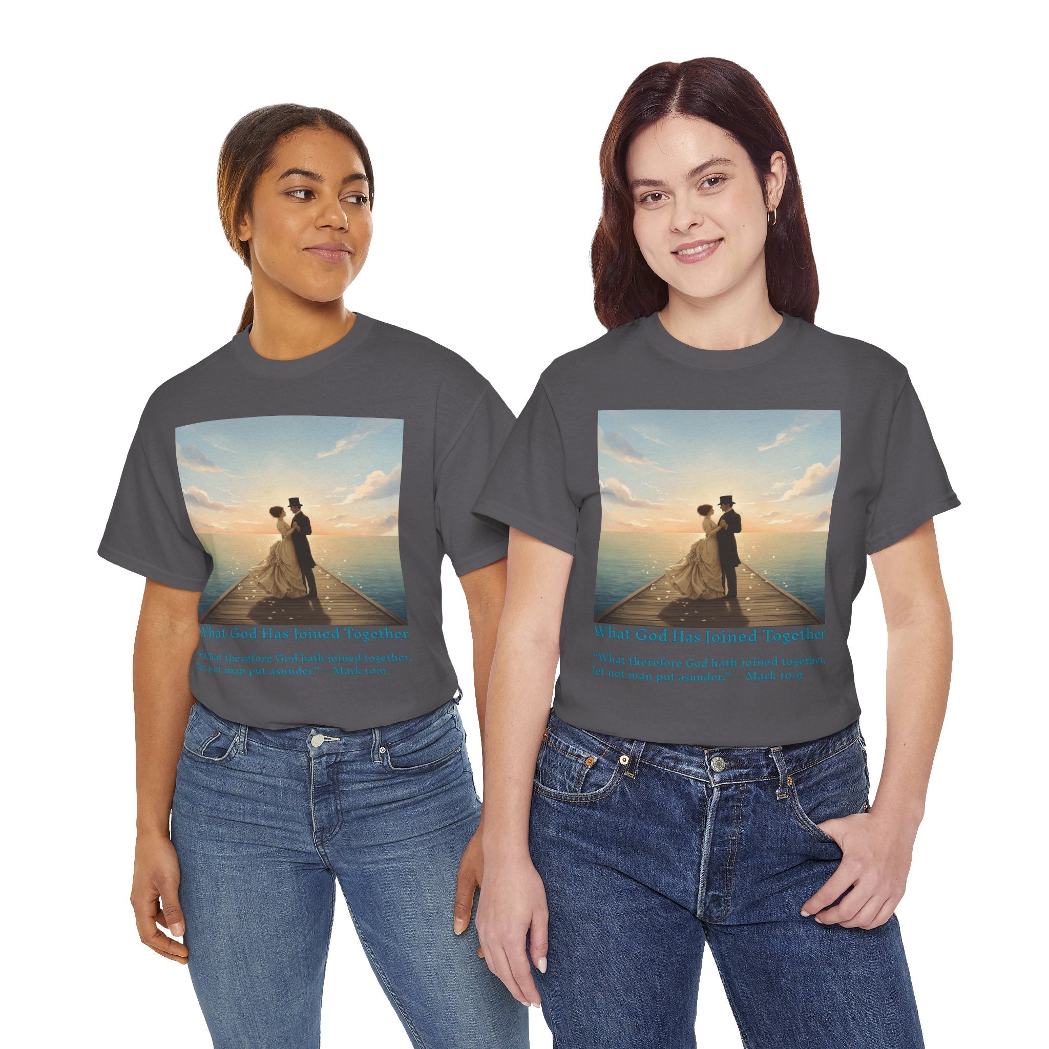 Romantic couple on a pier at sunset — inspired by Jack Vettriano-Wedding Quote T-Shirt, Unisex Heavy Cotton Tee, Casual Wear, Gift for Newlyweds, Bride & Groom Apparel, Anniversary Gift