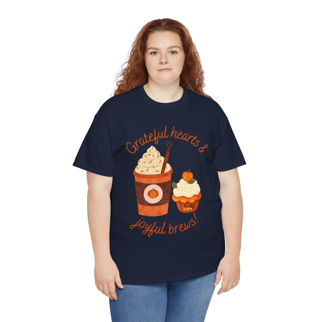 Happy Thanksgiving- Grateful Hearts & Joyful Brews Tee, Unisex Cotton Shirt, Coffee Lovers Gift, Casual Wear, Cute Tee for Celebrations, Fall Fashion
