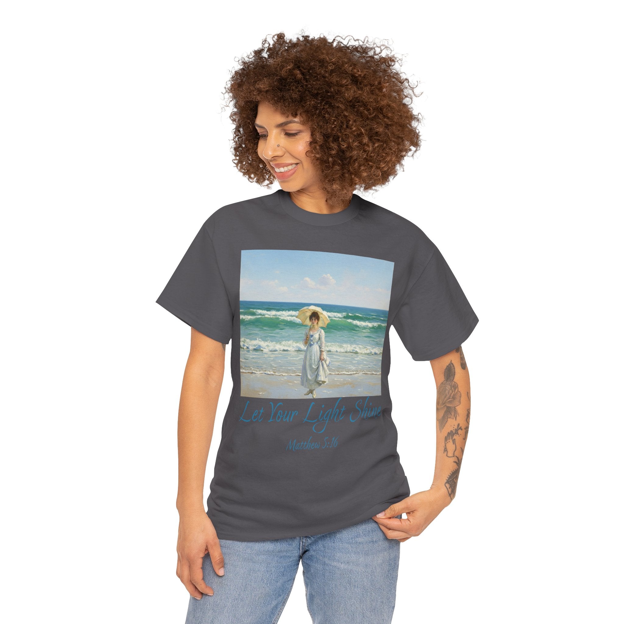 Let Your Light Shine- A Figure with a Parasol-Monet Style- Unisex Cotton Tee, Beach Vibes Shirt, Inspirational Summer Tee, Casual Gift for Her, Perfect for Days at the Shore