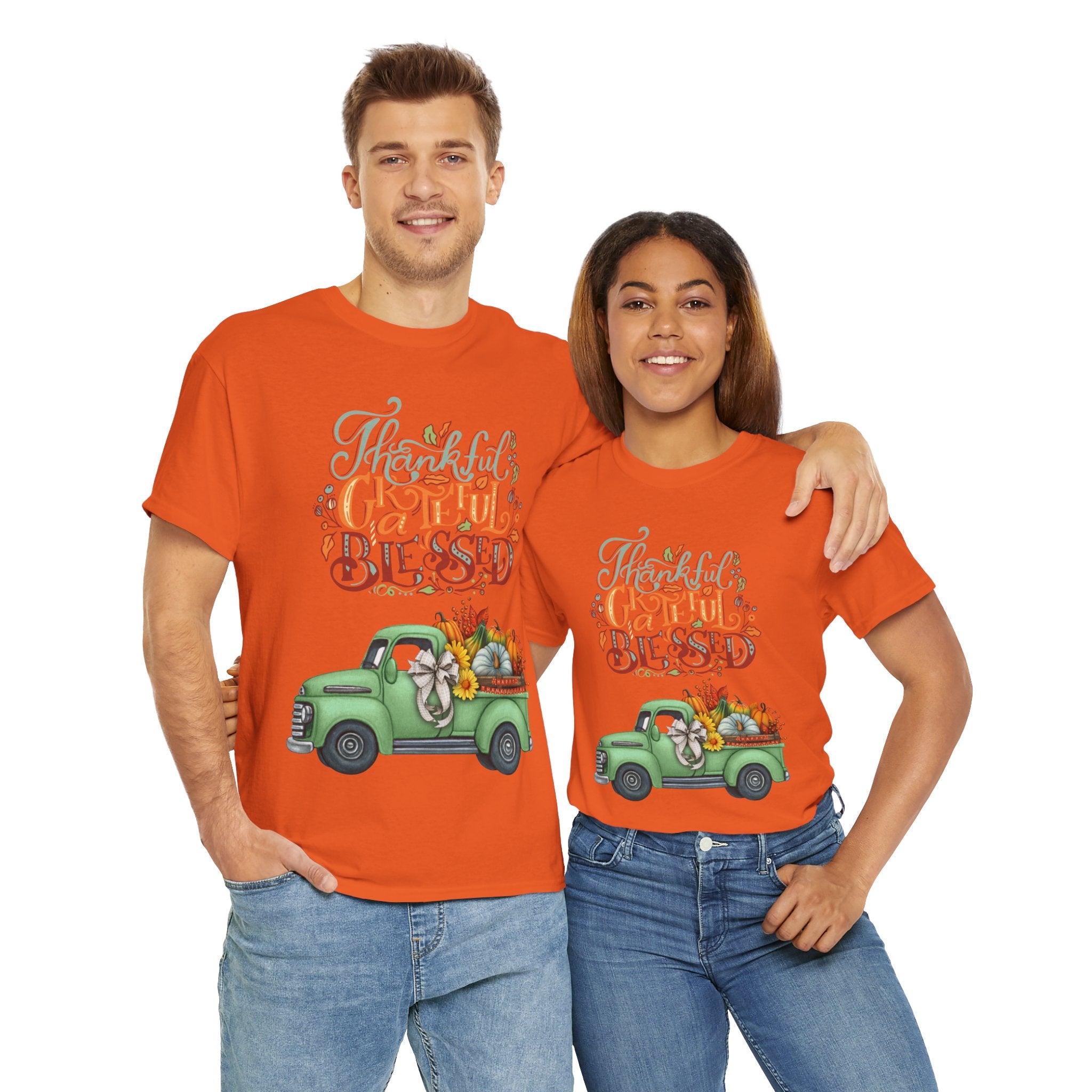 Thankful Grateful Blessed Tee, Unisex Heavy Cotton T-Shirt, Fall Apparel, Thanksgiving Shirt, Casual Wear, Gift for Friends
