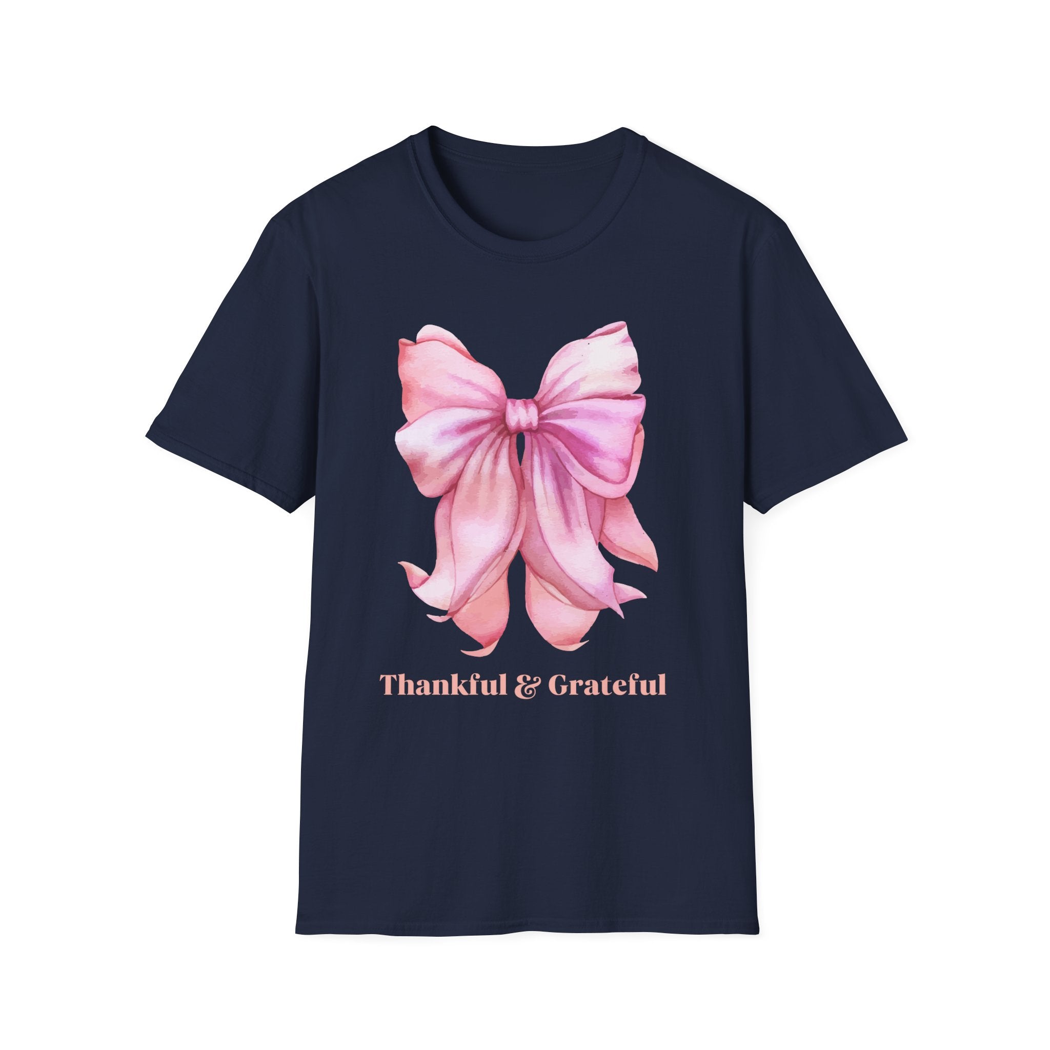 Thankful & Grateful Bow T-Shirt, Unisex Softstyle Tee, Thanksgiving Gift, Fall Apparel, Cute Casual Wear, Gratitude Shirt