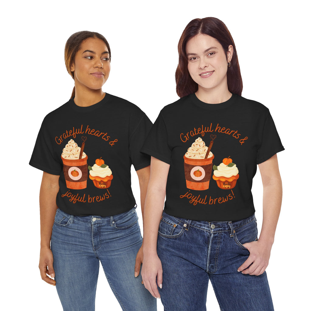 Happy Thanksgiving- Grateful Hearts & Joyful Brews Tee, Unisex Cotton Shirt, Coffee Lovers Gift, Casual Wear, Cute Tee for Celebrations, Fall Fashion