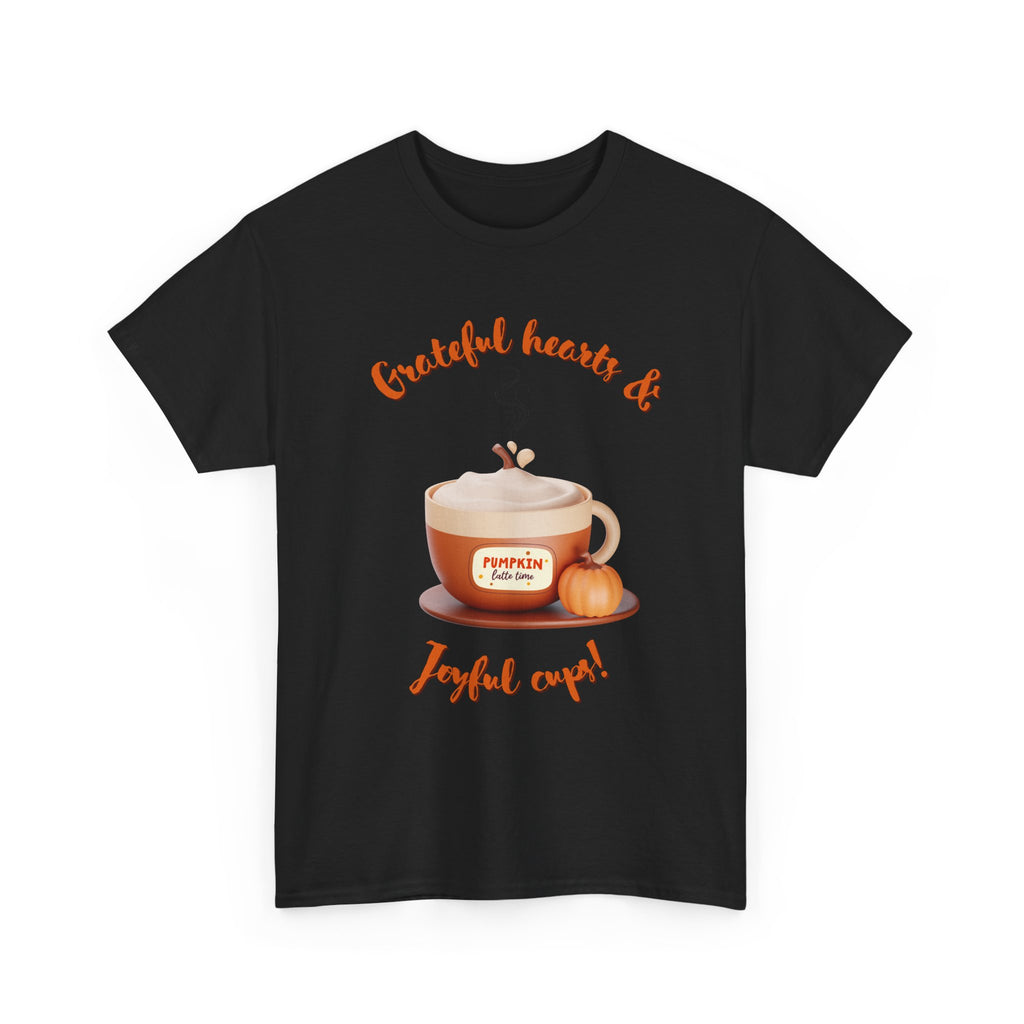 Happy Thanksgiving- Grateful Hearts & Joyful Cups Unisex Tee, Cozy Fall T-Shirt, Thanksgiving Gift, Coffee Lover Apparel, Autumn Fashion