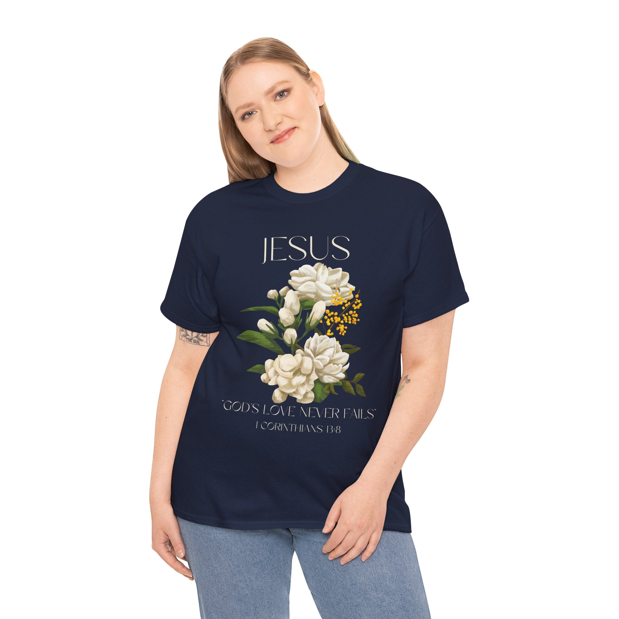 Floral Jesus-God's love never fails- Graphic Tee | Unisex Cotton T-Shirt for Faith & Inspiration, Ideal for Gifts, Casual Wear, Church Events, and Celebrations