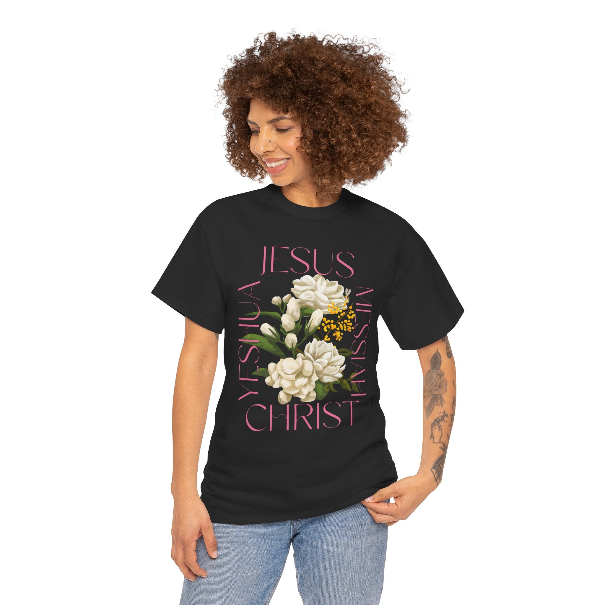Floral Jesus Heavy Cotton Tee, Unisex T-Shirt, Christian Gift, Faith-Based Apparel, Religious Fashion, Inspirational Clothing