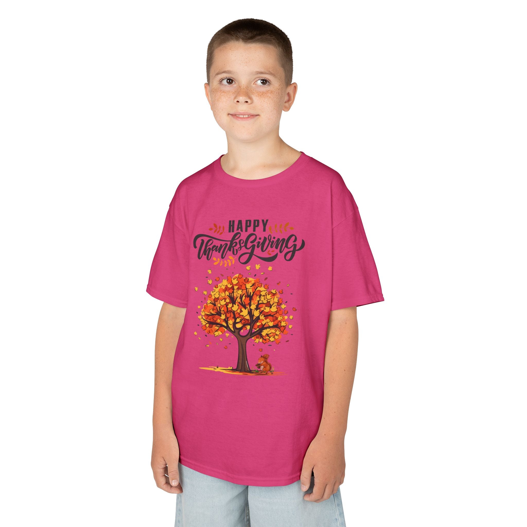 Happy Thanksgiving Kids Tee, Fall T-Shirt, Autumn Apparel, Festive Gift, Holiday Outfit, Tree and Leaves Design