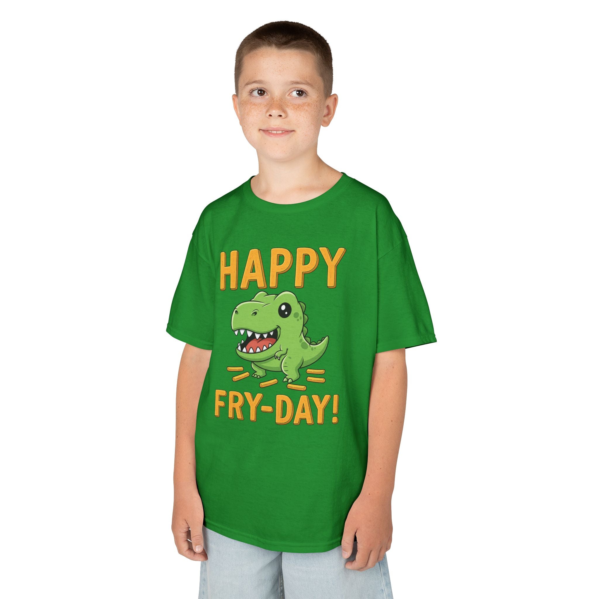 Happy Fry-Day Kids Tee, Fun Dinosaur T-Shirt, Kids Cotton Shirt, Birthday Gift, Everyday Wear, Summer Fun, Playful Tee