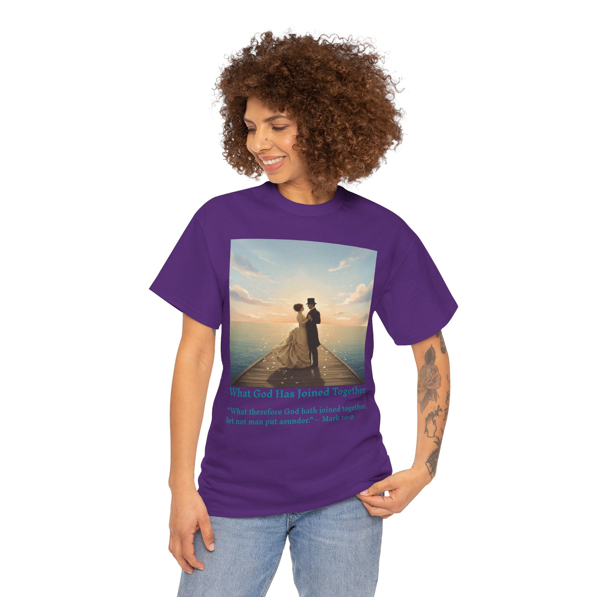 Romantic couple on a pier at sunset — inspired by Jack Vettriano-Wedding Quote T-Shirt, Unisex Heavy Cotton Tee, Casual Wear, Gift for Newlyweds, Bride & Groom Apparel, Anniversary Gift