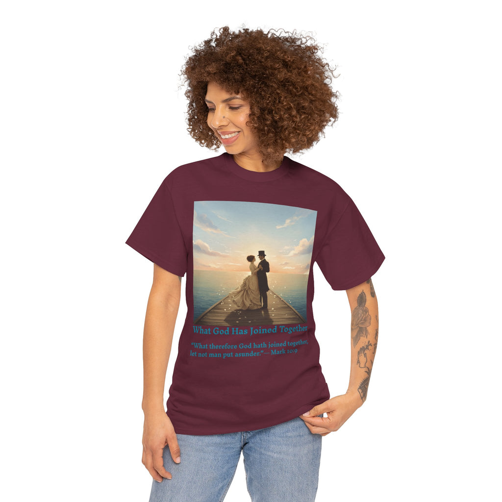 Romantic couple on a pier at sunset — inspired by Jack Vettriano-Wedding Quote T-Shirt, Unisex Heavy Cotton Tee, Casual Wear, Gift for Newlyweds, Bride & Groom Apparel, Anniversary Gift