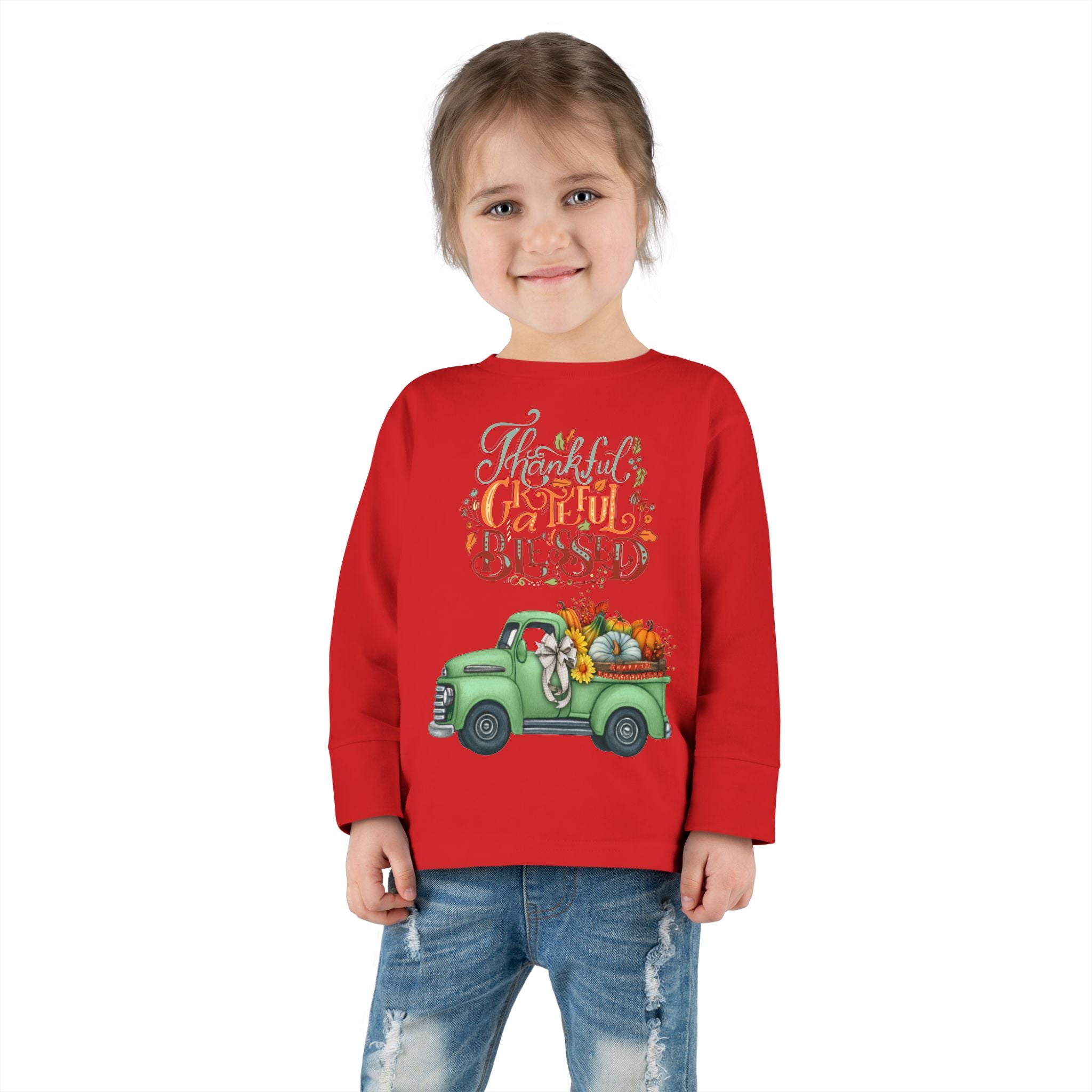 Toddler Long Sleeve Tee - "Grateful & Blessed" Fall Vibes T-Shirt, Kids Autumn Tee, Thanksgiving Outfit, Cute Toddler Gift, Seasonal Shirt