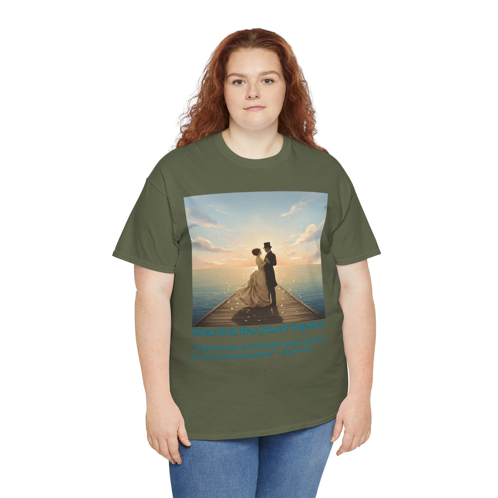 Romantic couple on a pier at sunset — inspired by Jack Vettriano-Wedding Quote T-Shirt, Unisex Heavy Cotton Tee, Casual Wear, Gift for Newlyweds, Bride & Groom Apparel, Anniversary Gift