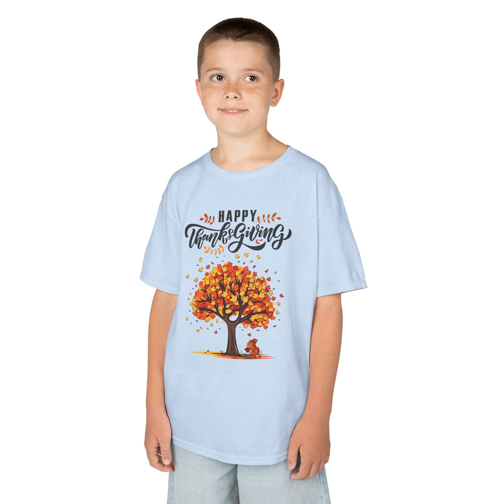 Happy Thanksgiving Kids Tee, Fall T-Shirt, Autumn Apparel, Festive Gift, Holiday Outfit, Tree and Leaves Design