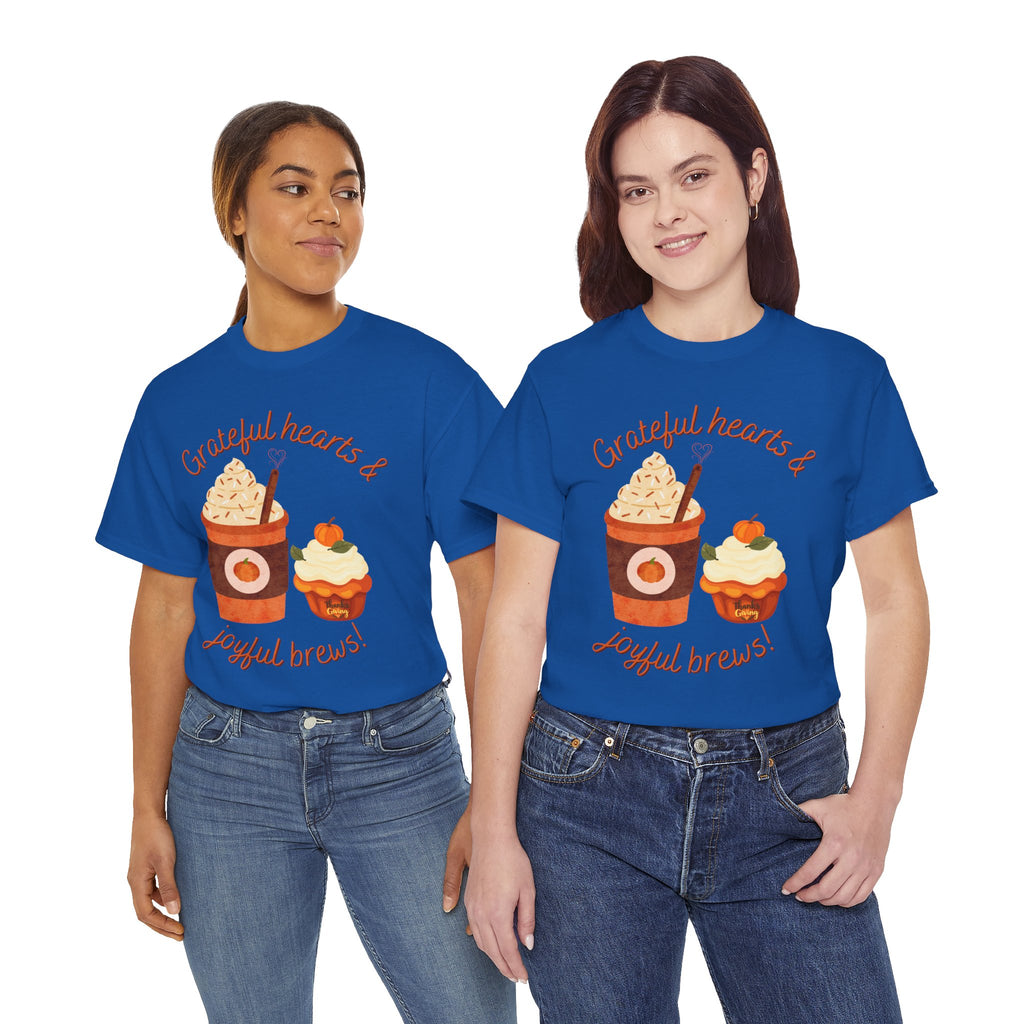 Happy Thanksgiving- Grateful Hearts & Joyful Brews Tee, Unisex Cotton Shirt, Coffee Lovers Gift, Casual Wear, Cute Tee for Celebrations, Fall Fashion