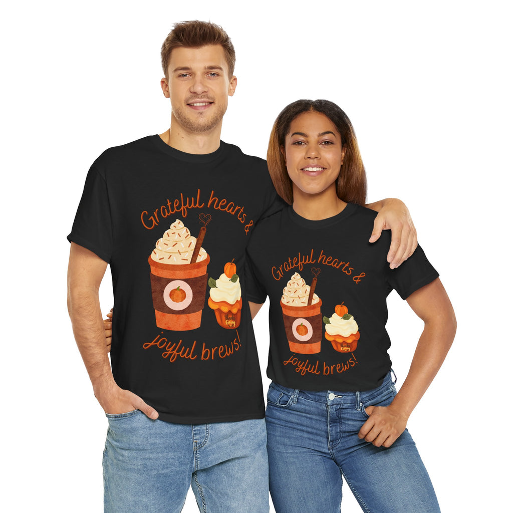 Happy Thanksgiving- Grateful Hearts & Joyful Brews Tee, Unisex Cotton Shirt, Coffee Lovers Gift, Casual Wear, Cute Tee for Celebrations, Fall Fashion